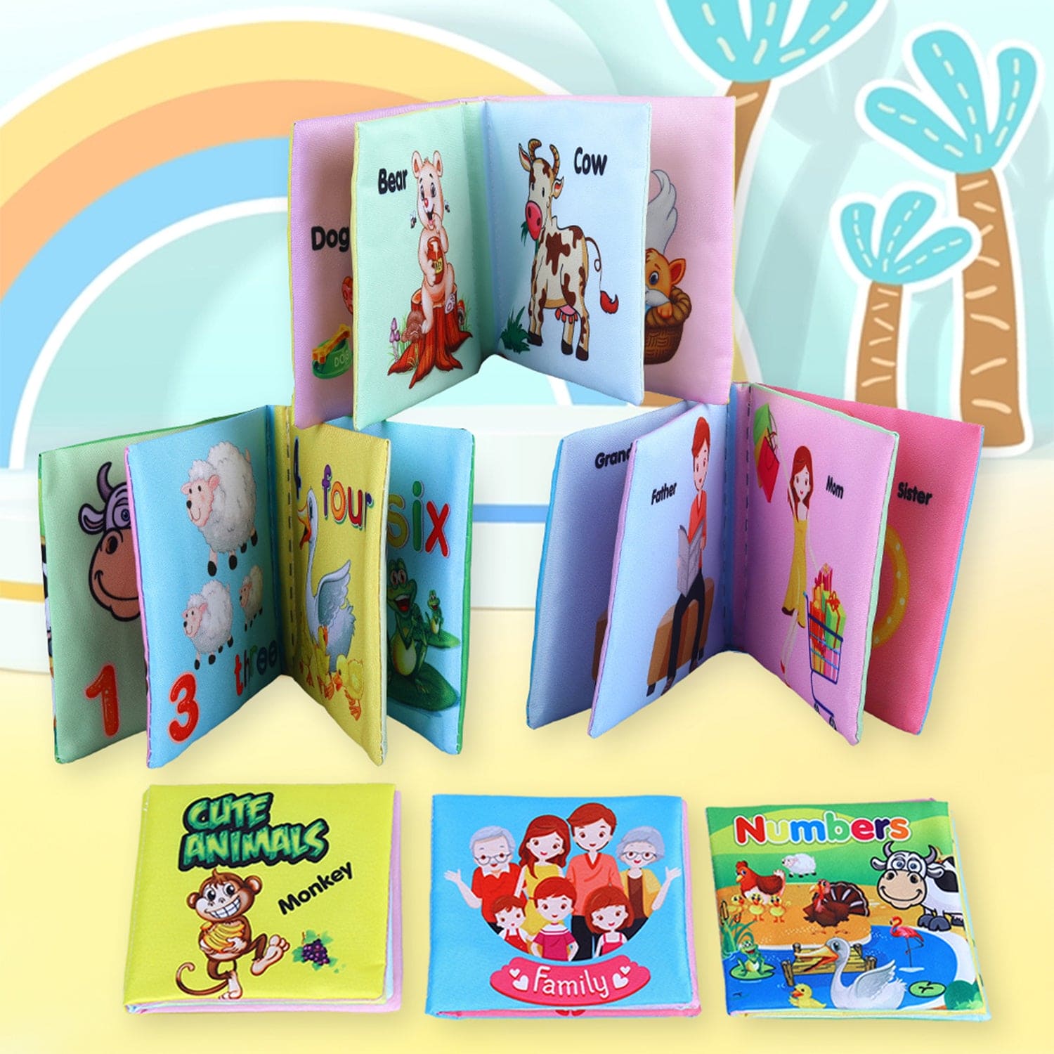 Family, Animals, Food, Fruits, Numbers Educational Cloth Book With Sound Paper Set of 6 - Multicolour - Baby Moo