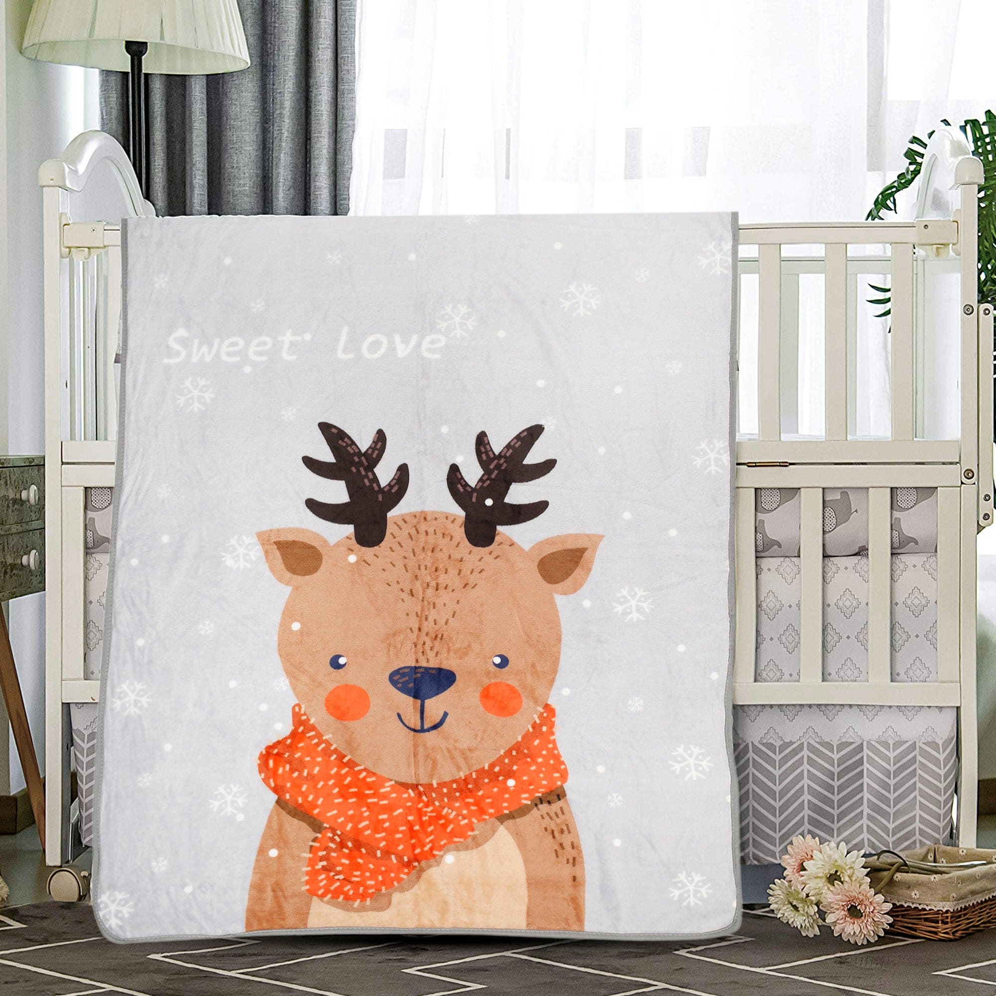 Snowy Reindeer White One Ply Blanket - Baby Moo