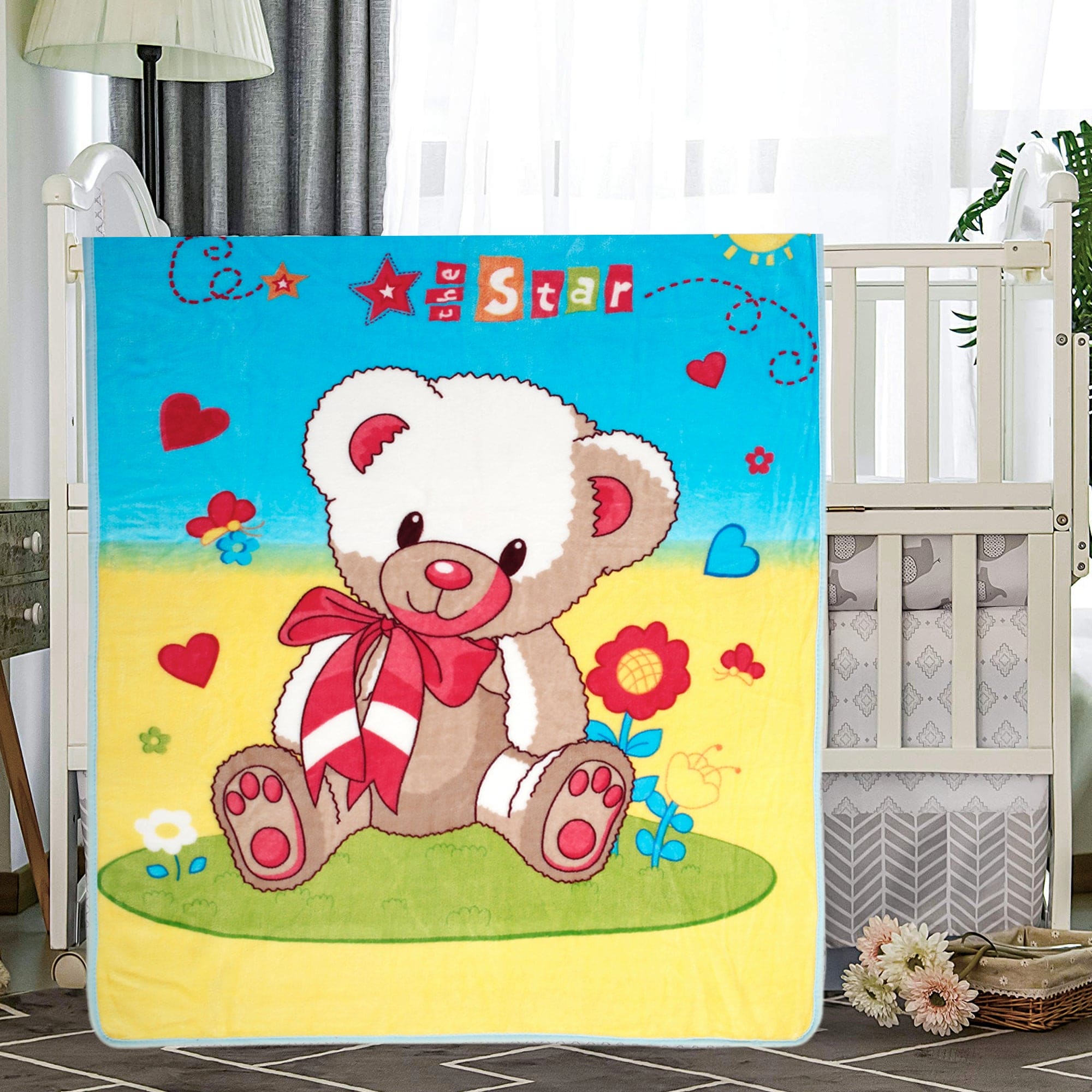 Love You Star Blue And Yellow One Ply Blanket - Baby Moo