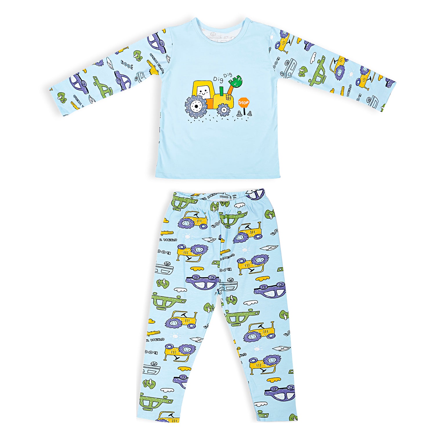 Night Suit Cotton Tshirt And Pyjama Construction Truck Blue - Baby Moo