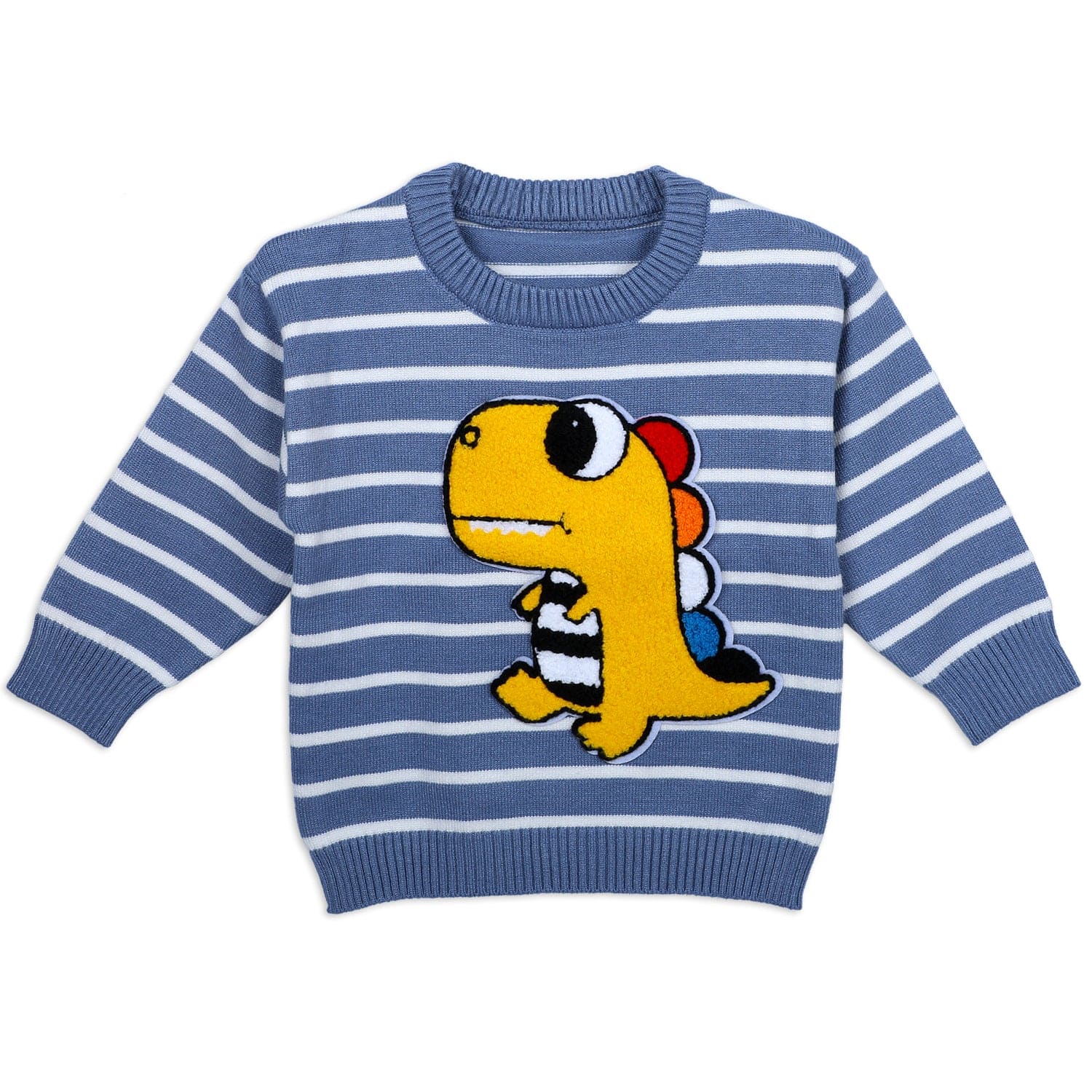 Dashing Dino Striped Premium Full Sleeves Knitted Sweater - Blue - Baby Moo