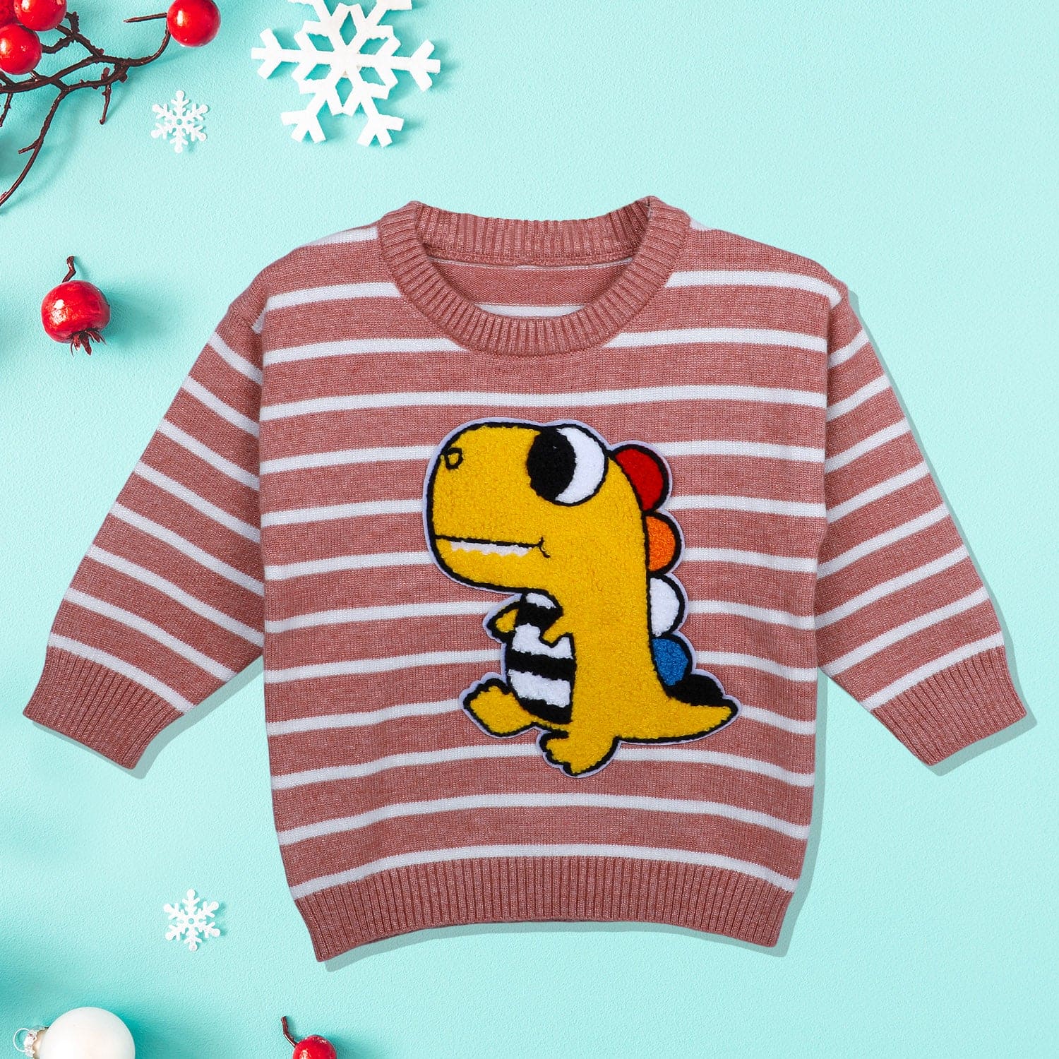 Dashing Dino Striped Premium Full Sleeves Knitted Sweater - Reddish Brown - Baby Moo