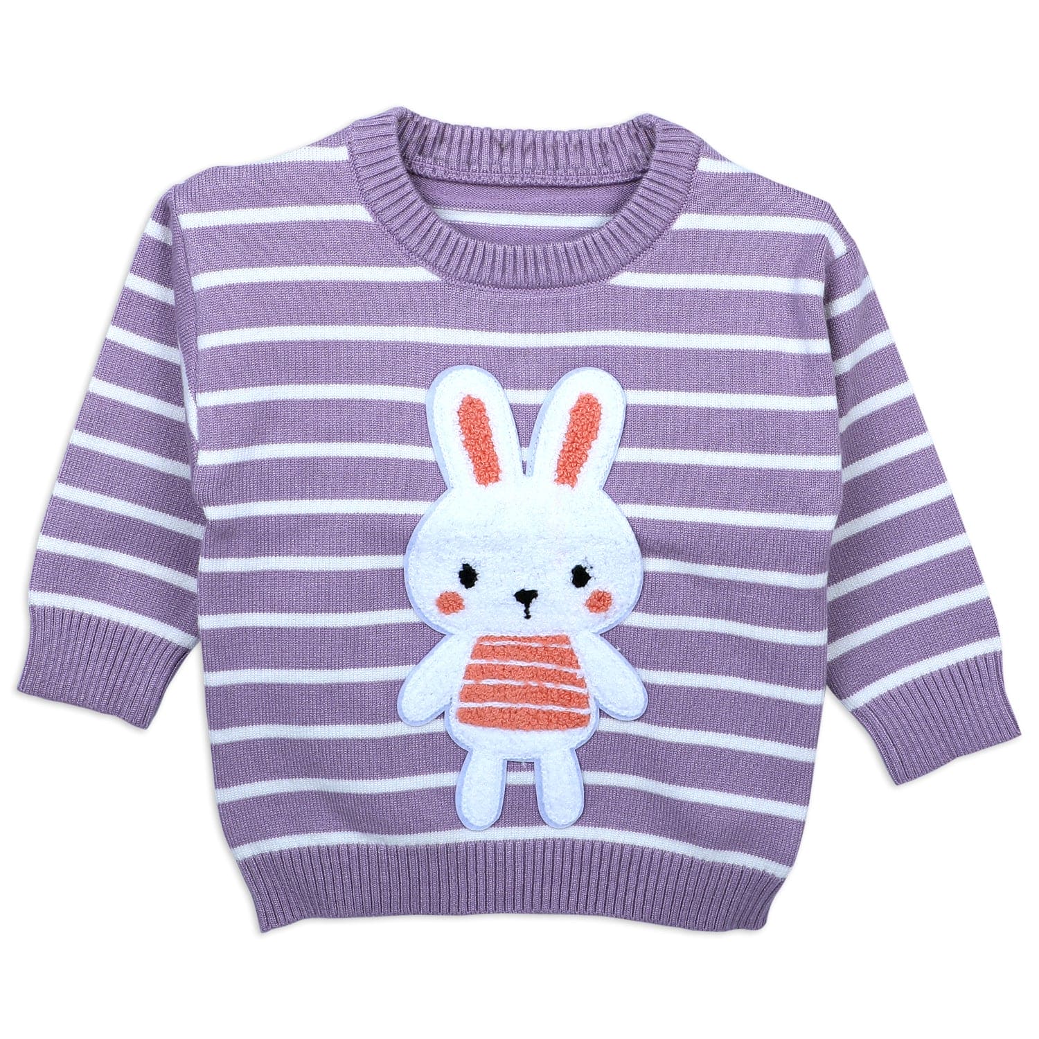 Hopping Rabbit Striped Premium Full Sleeves Knitted Sweater - Purple - Baby Moo
