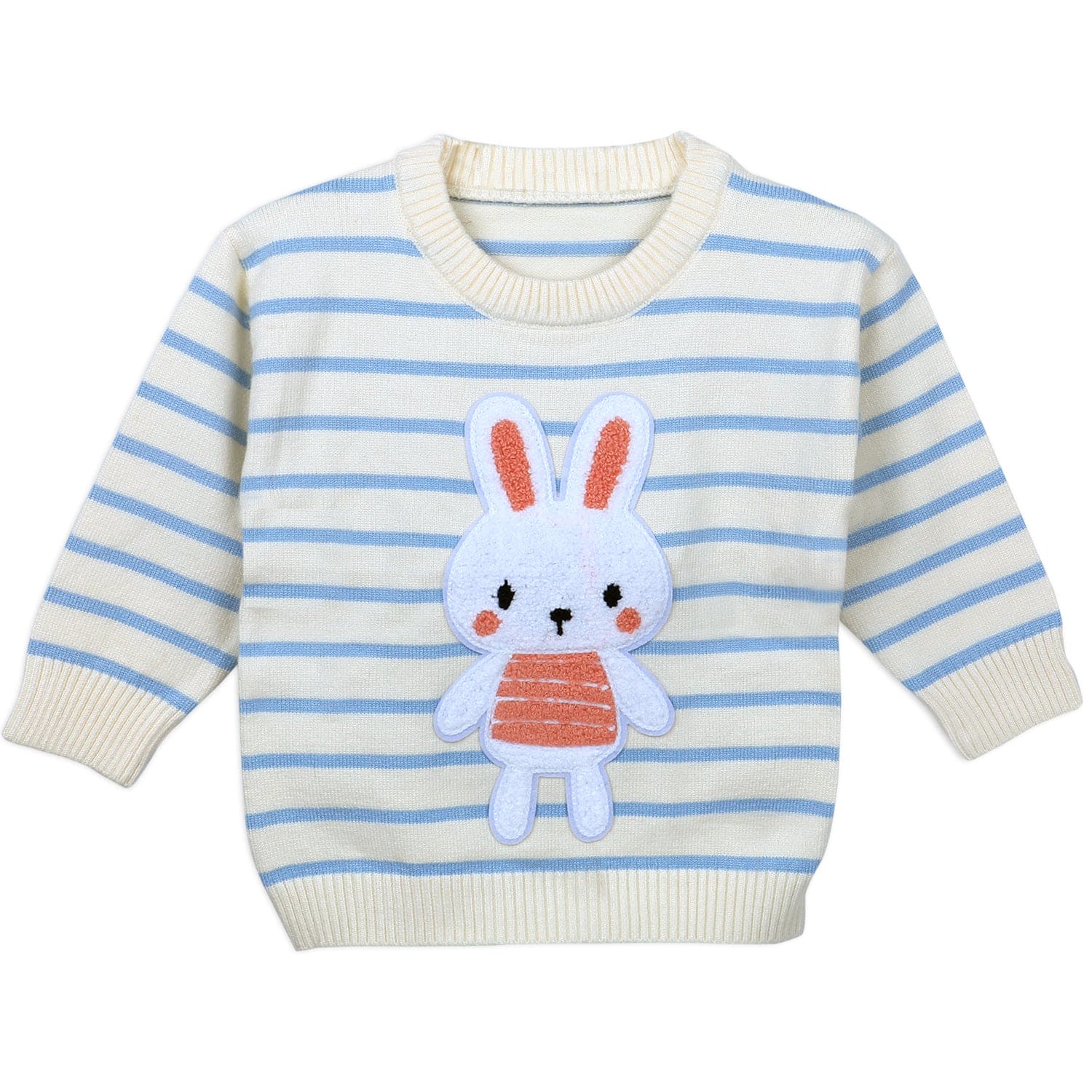 Hopping Rabbit Striped Premium Full Sleeves Knitted Sweater - Off White - Baby Moo