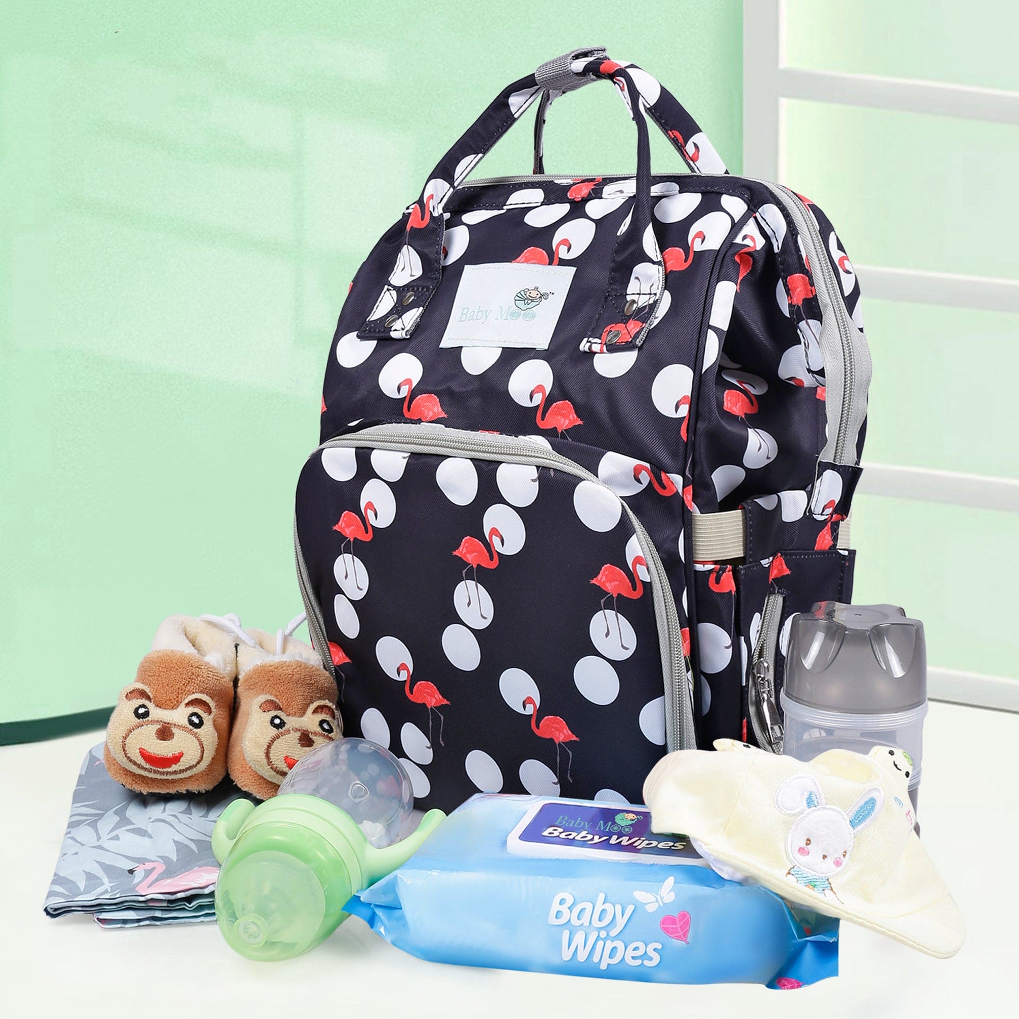 Baby Moo Diaper Bag Maternity Backpack Flamingo Black