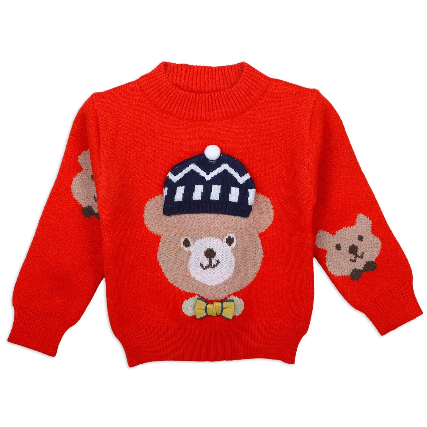 Mr. Bear Premium Full Sleeves Knitted Sweater With 3D Applique - Red - Baby Moo