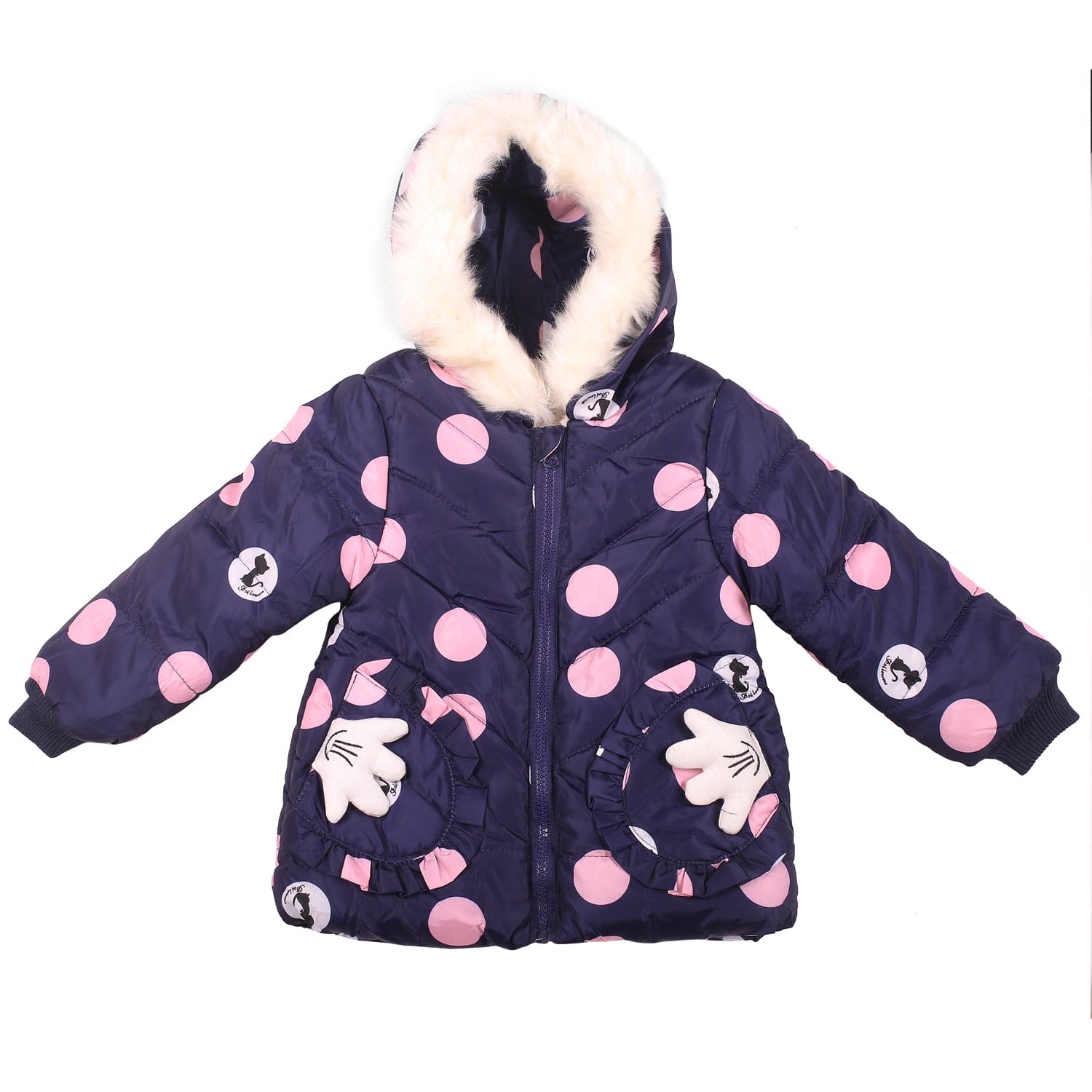 Polka Dotted Navy Blue Hooded Full Sleeve Padded Jacket - Baby Moo