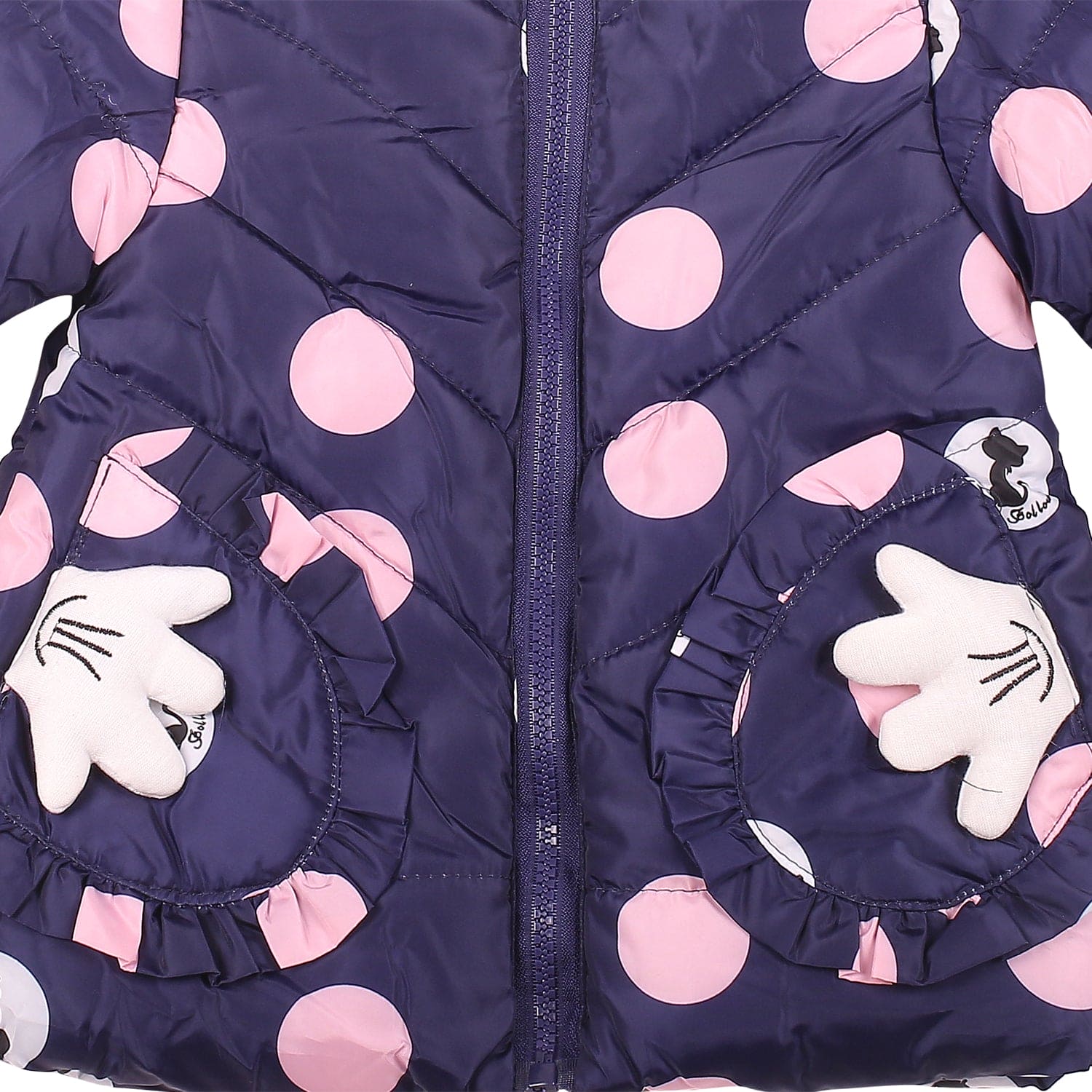 Polka Dotted Navy Blue Hooded Full Sleeve Padded Jacket - Baby Moo