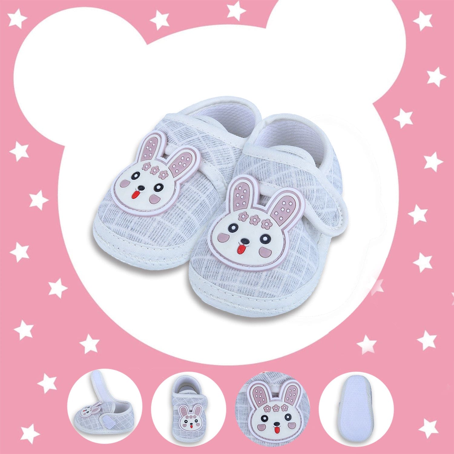 Baby Moo Naughty Bunny Velcro Strap Non-slip Kids Booties - Grey - Baby Moo