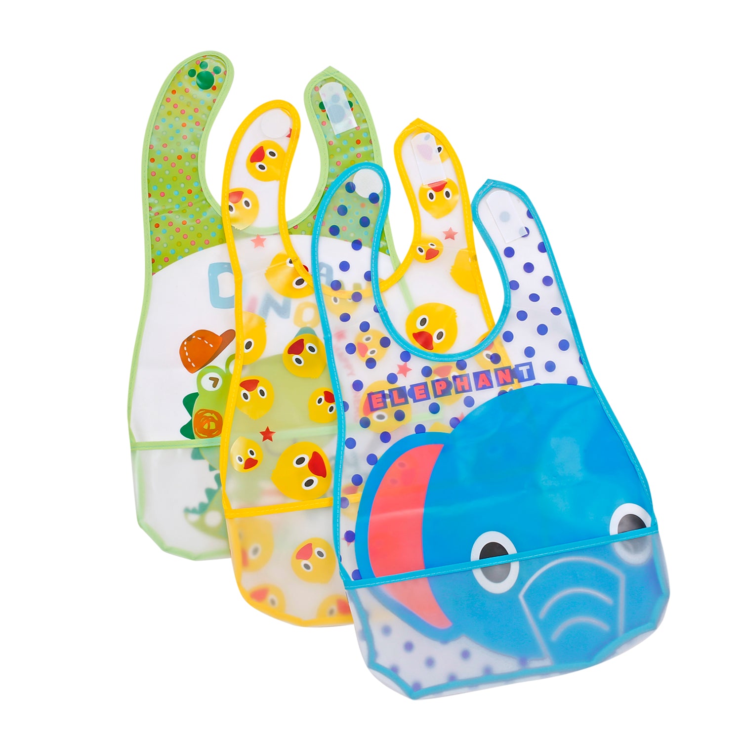 Elephant, Dino And Duck Multicolour Crumb Catcher Set Of 3 Bibs - Baby Moo