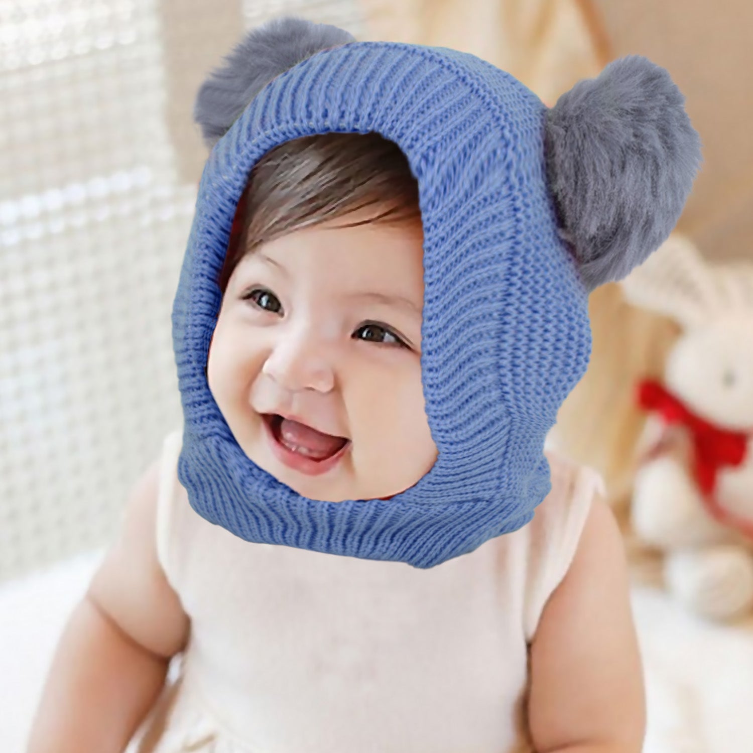 Baby Moo Adorable Pom Pom Knitted Beanie Woollen Cap - Blue - Baby Moo