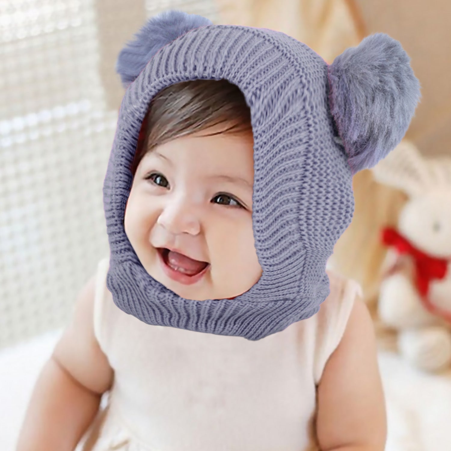 Baby Moo Adorable Pom Pom Knitted Beanie Woollen Cap - Grey - Baby Moo