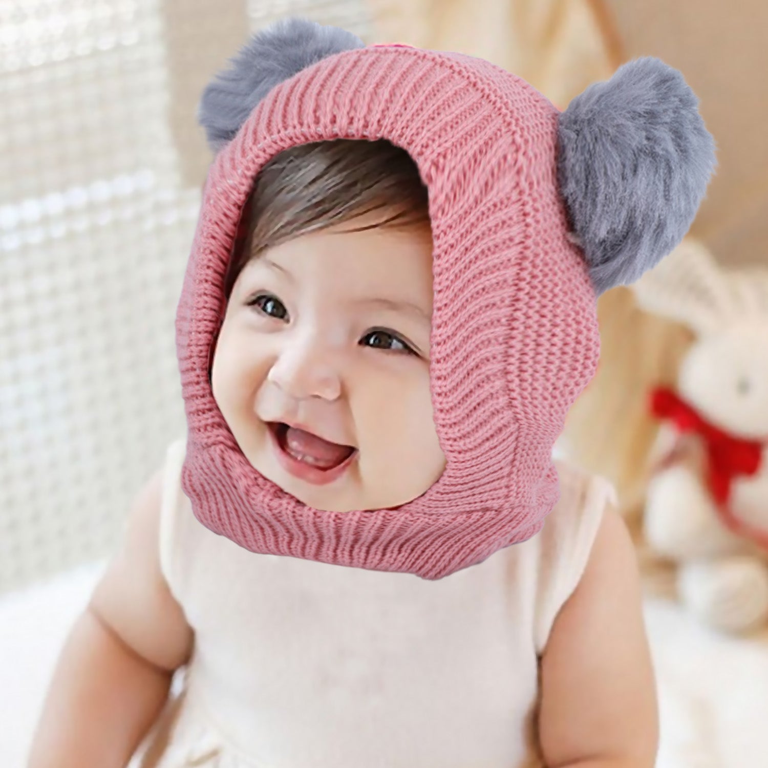 Baby Moo Adorable Pom Pom Knitted Beanie Woollen Cap - Peach - Baby Moo