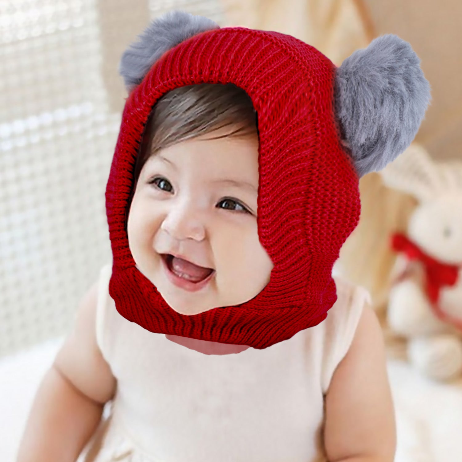 Baby Moo Adorable Pom Pom Knitted Beanie Woollen Cap - Red - Baby Moo