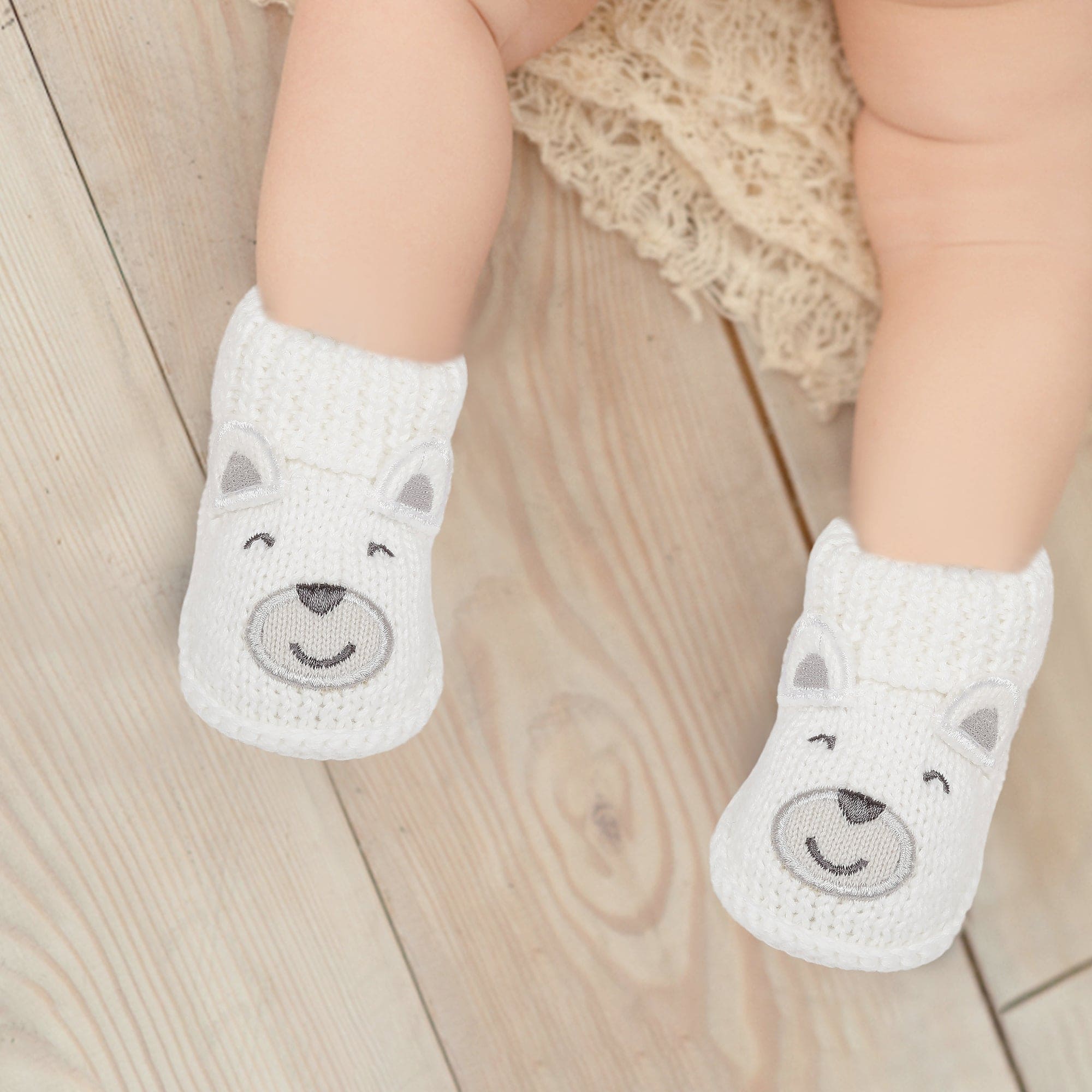Happy Teddy Newborn Crochet Socks Booties White