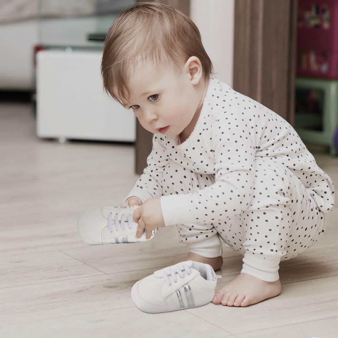 Baby Moo Metallic Silver Striped White Sneakers - Baby Moo