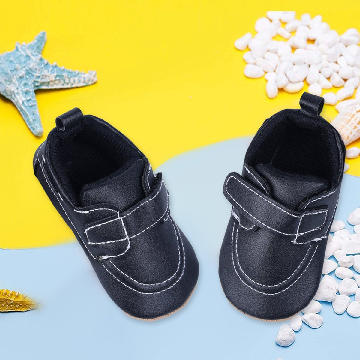 Solid Hookloop Stylish Leather Velcro Shoes - Black - Baby Moo