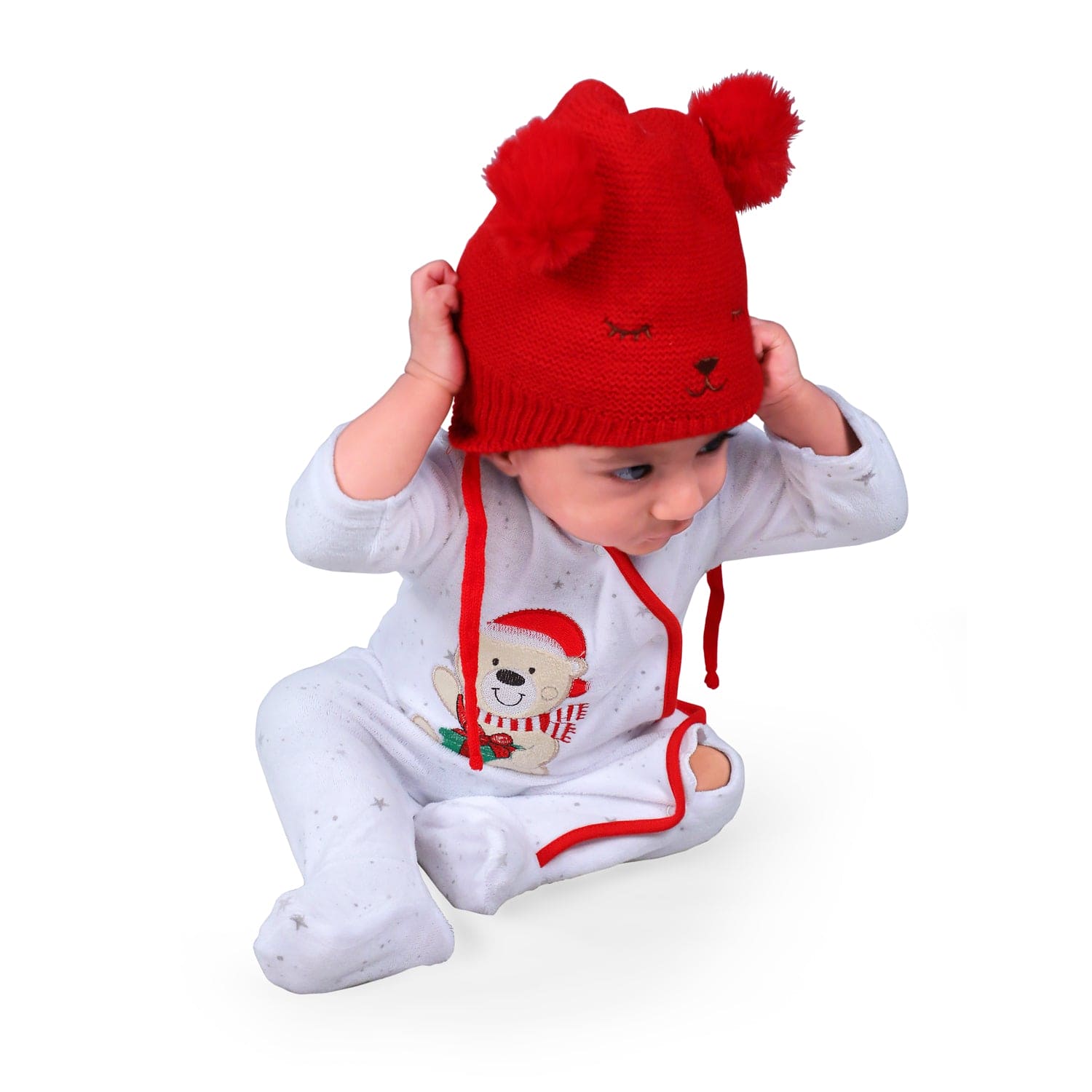 Knit Woollen Cap With Tie Knot For Ear Cover Sleeping Pom Pom Red - Baby Moo