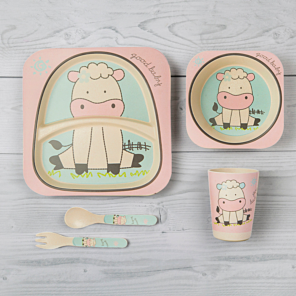 Cow Pink 5 Pcs Bamboo Fiber Dinner Set - Baby Moo