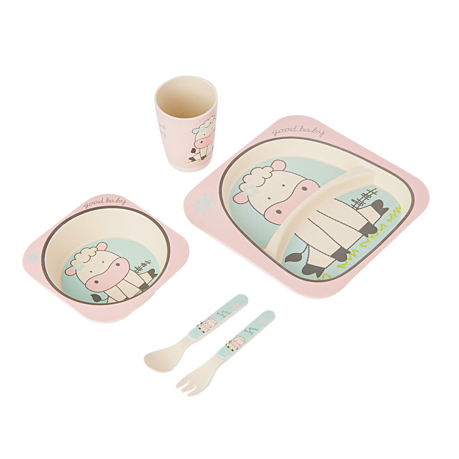 Cow Pink 5 Pcs Bamboo Fiber Dinner Set - Baby Moo