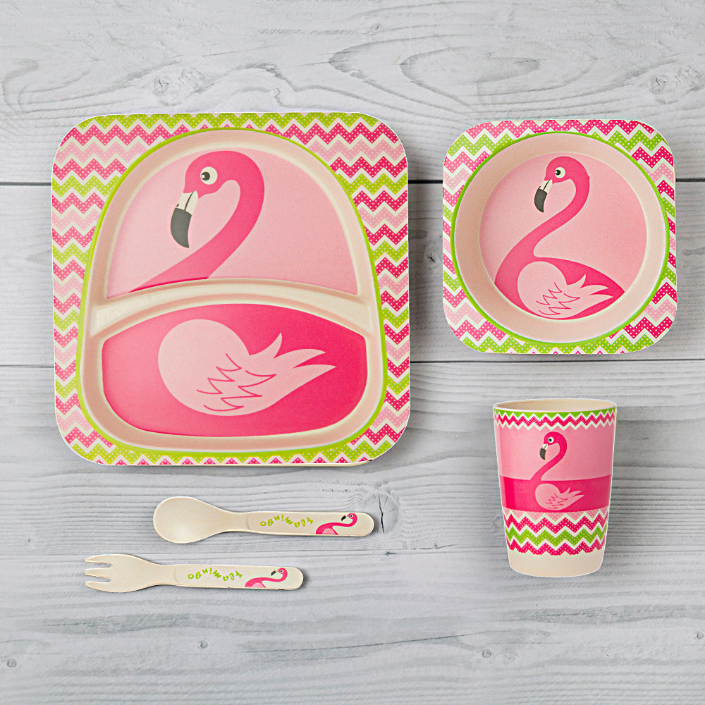 Flamingo Pink 5 Pcs Bamboo Fiber Dinner Set - Baby Moo