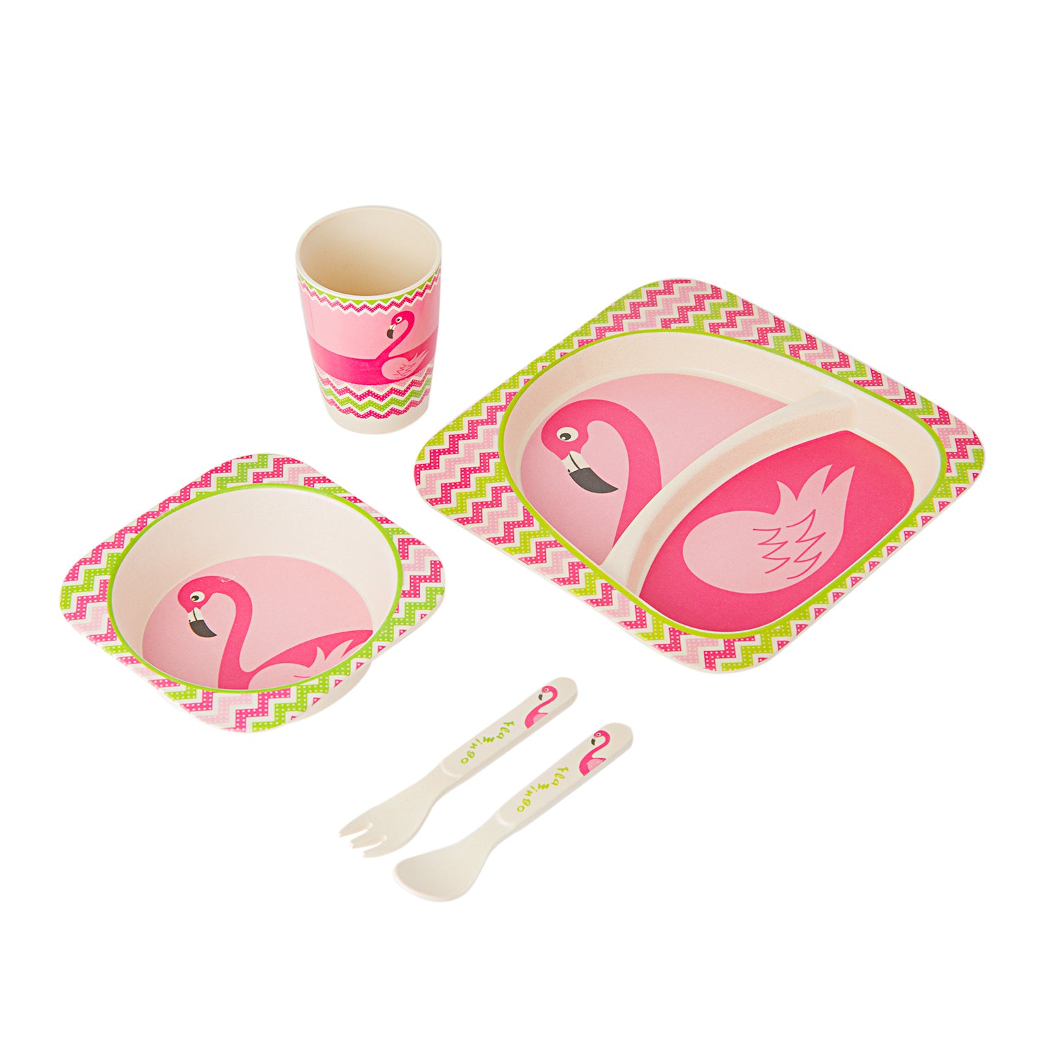 Flamingo Pink 5 Pcs Bamboo Fiber Dinner Set - Baby Moo
