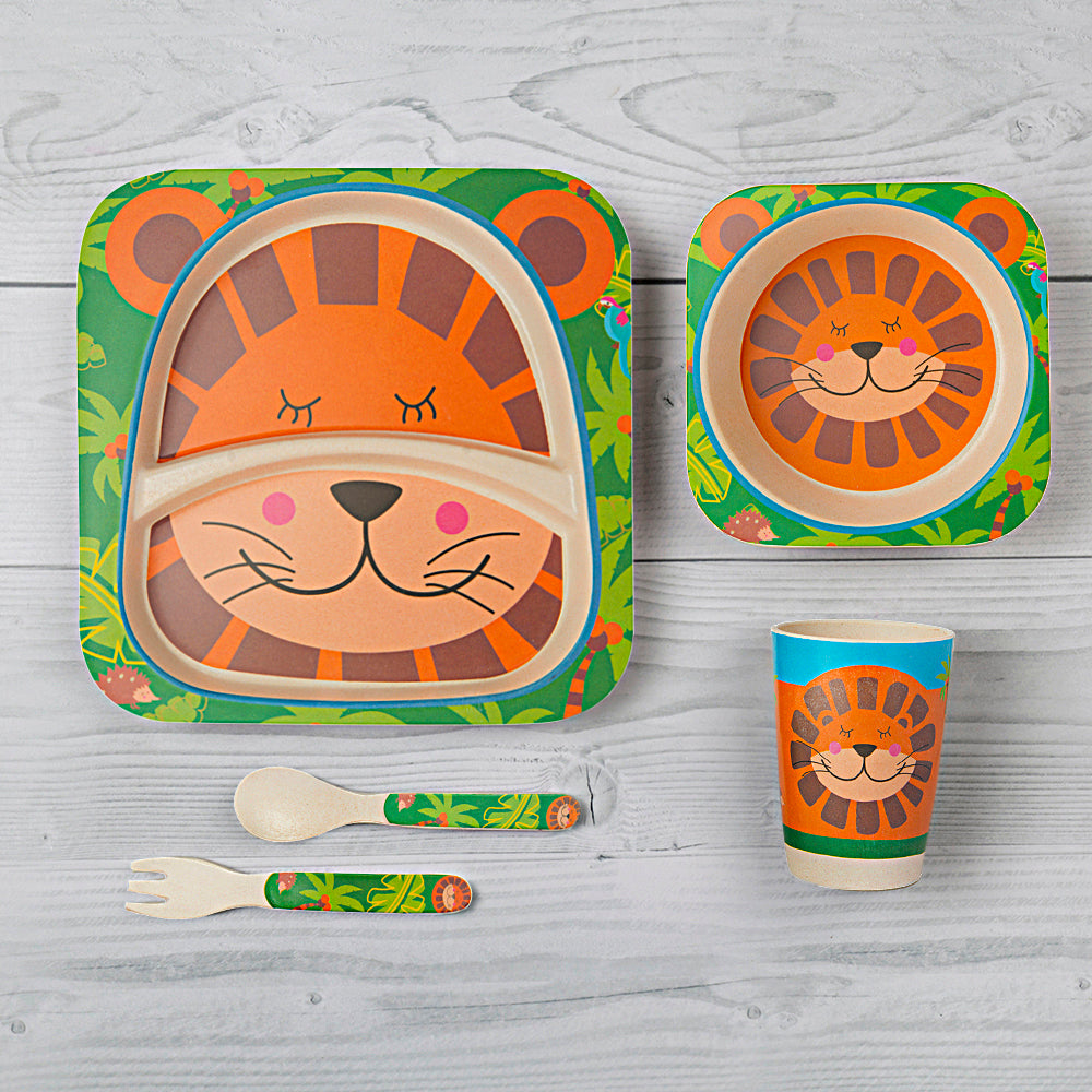 Lion Orange And Green 5 Pcs Bamboo Fiber Dinner Set - Baby Moo