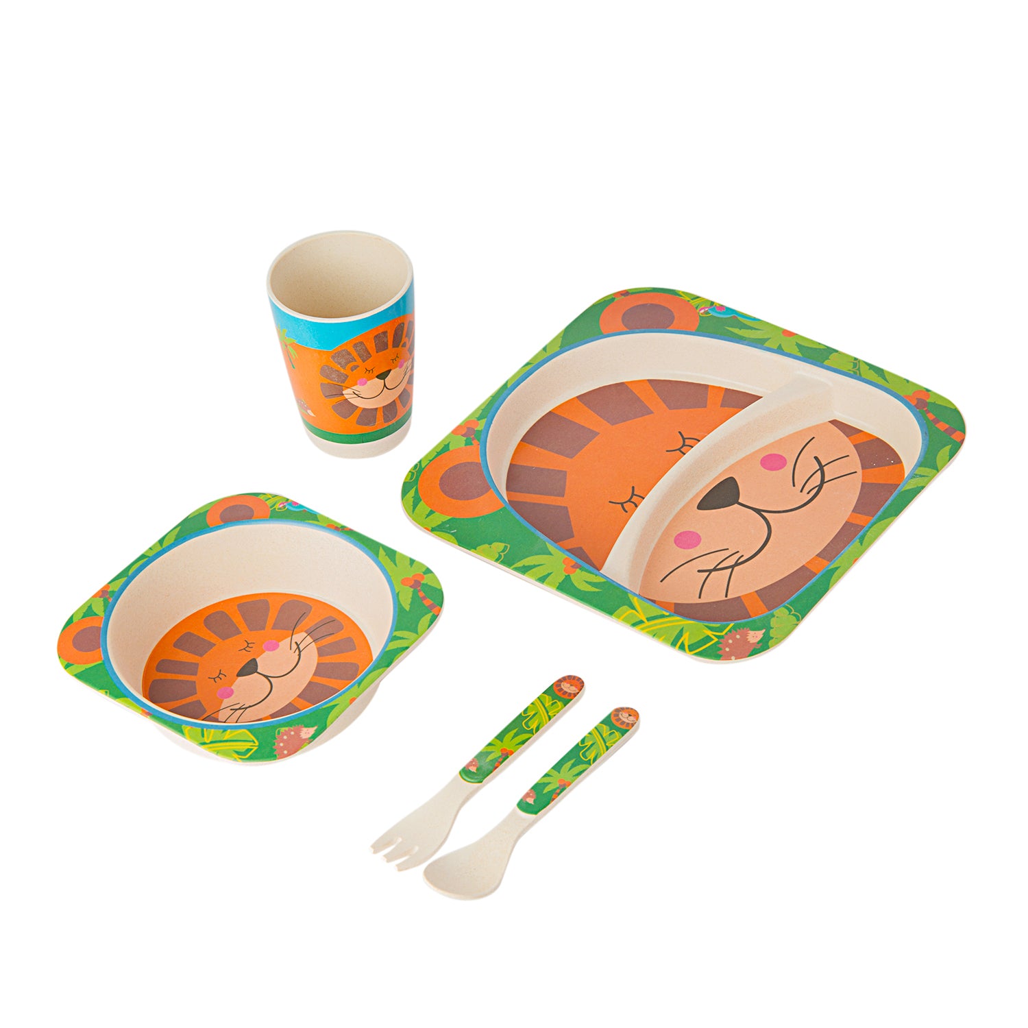 Lion Orange And Green 5 Pcs Bamboo Fiber Dinner Set - Baby Moo