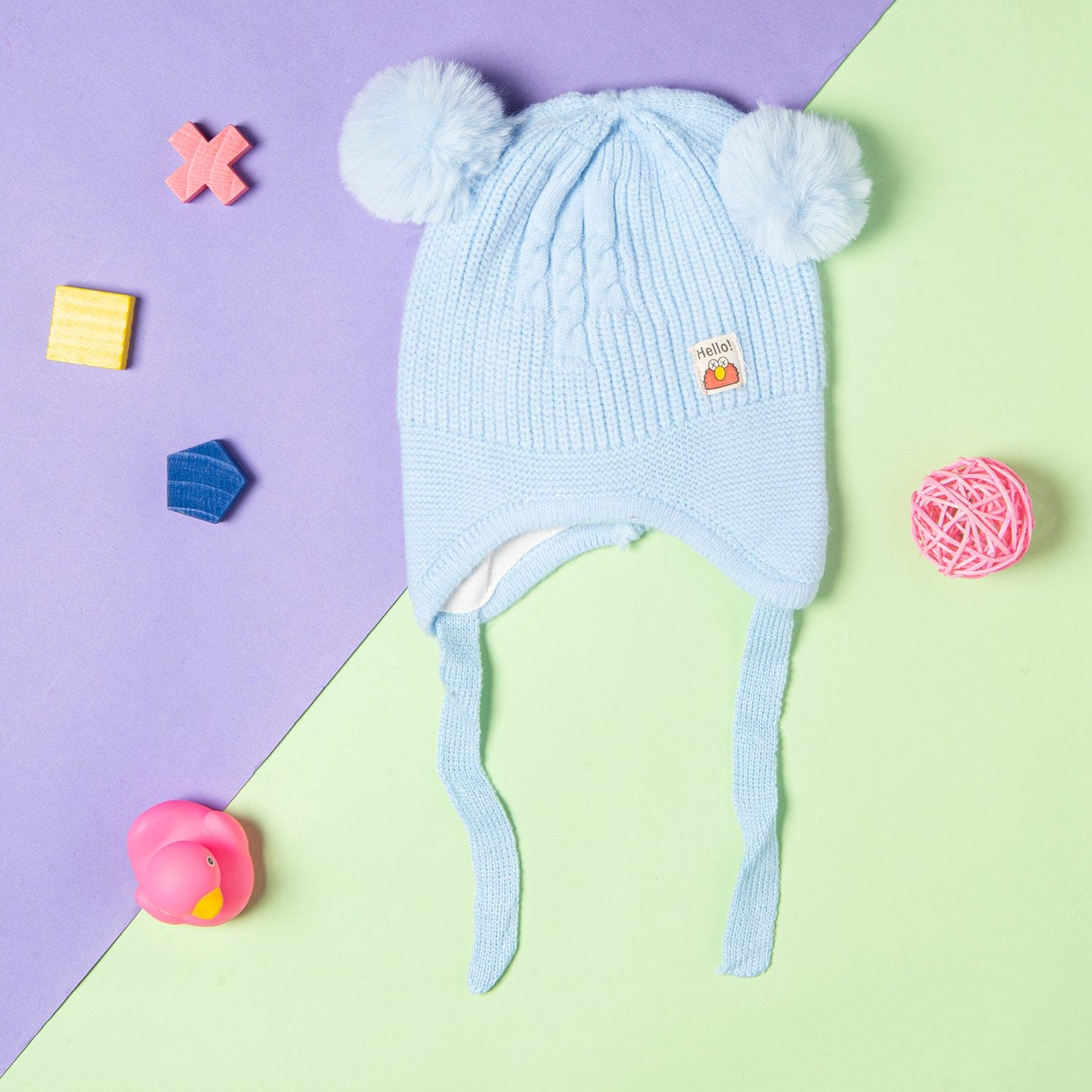 Knit Woollen Cap With Tie Knot For Ear Protection Solid Blue - Baby Moo