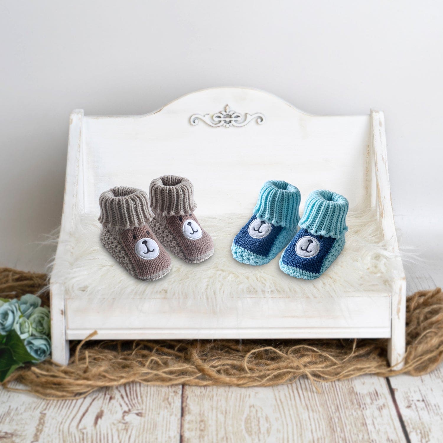 Newborn Crochet Woollen Booties Teddy - Blue, Beige - Baby Moo