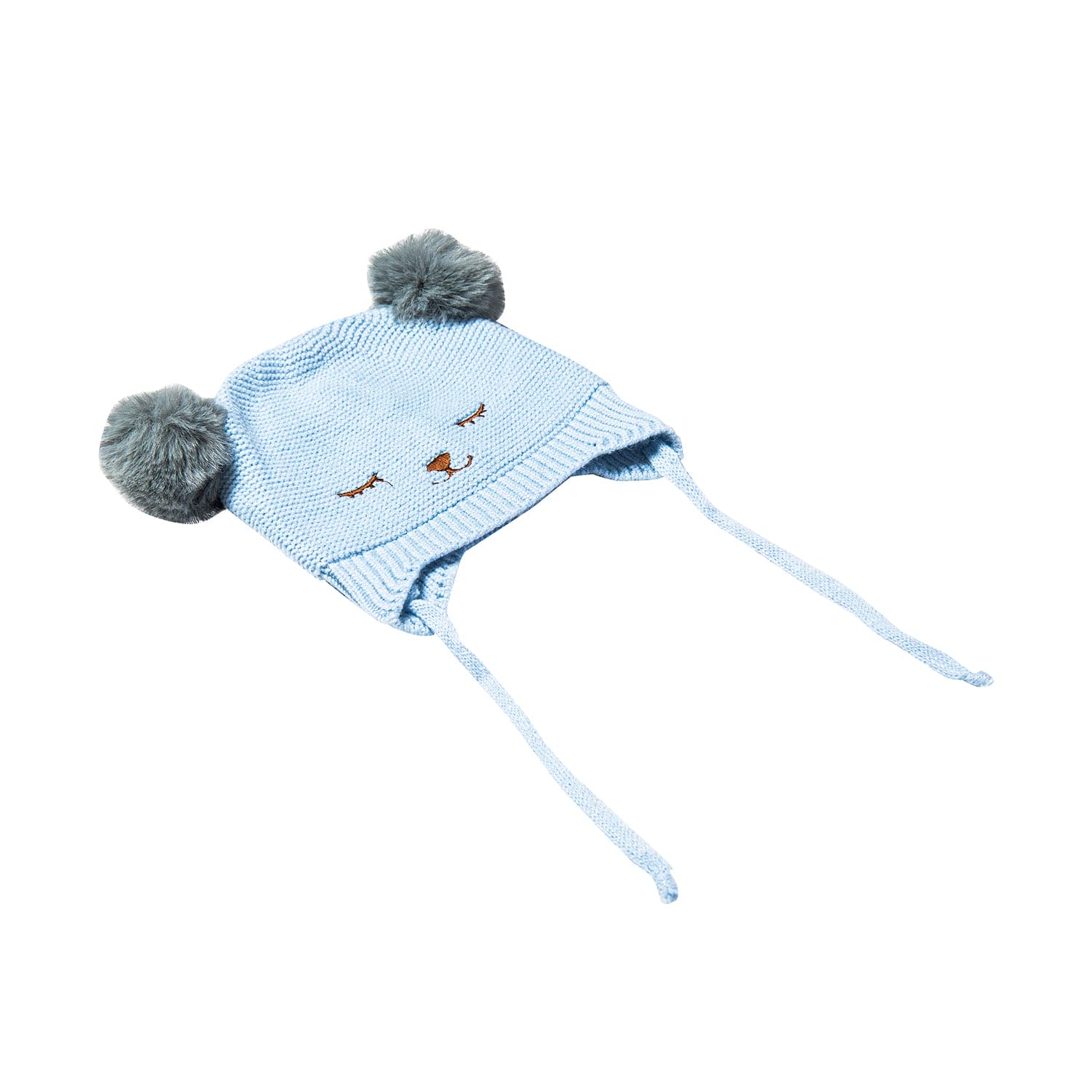 Knit Woollen Cap With Tie Knot For Ear Cover Sleeping Pom Pom Blue - Baby Moo