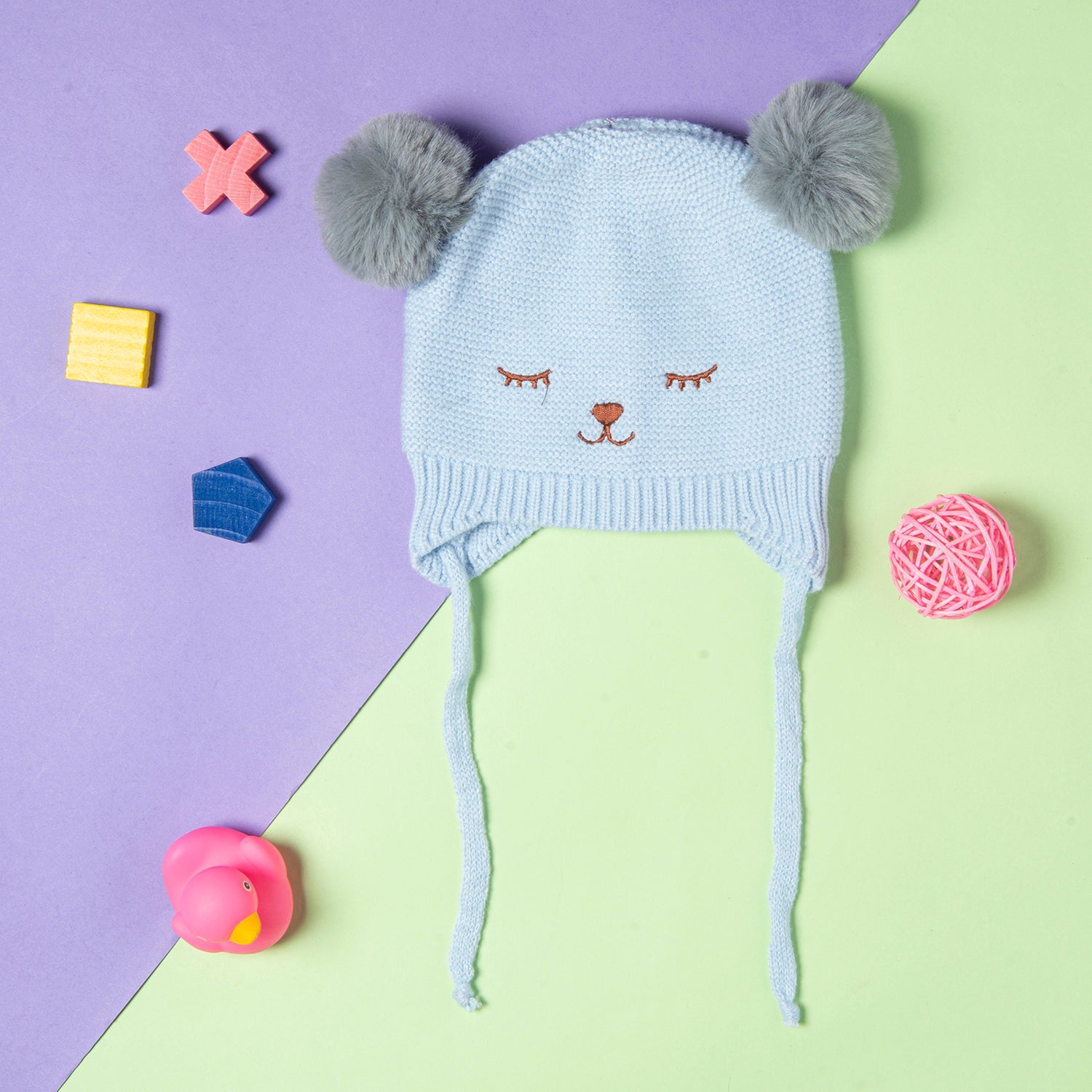 Knit Woollen Cap With Tie Knot For Ear Cover Sleeping Pom Pom Blue - Baby Moo