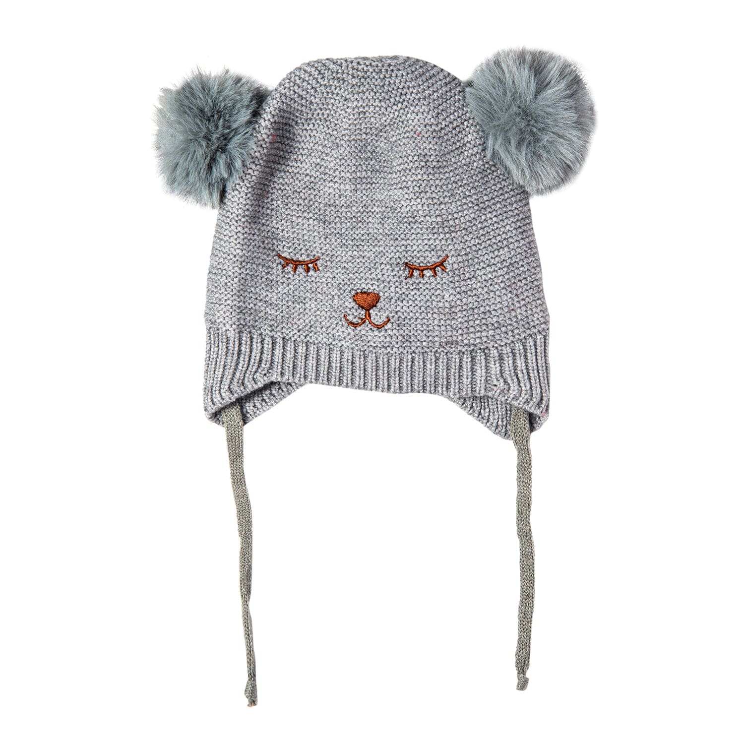 Knit Woollen Cap With Tie Knot For Ear Cover Sleeping Pom Pom Grey - Baby Moo