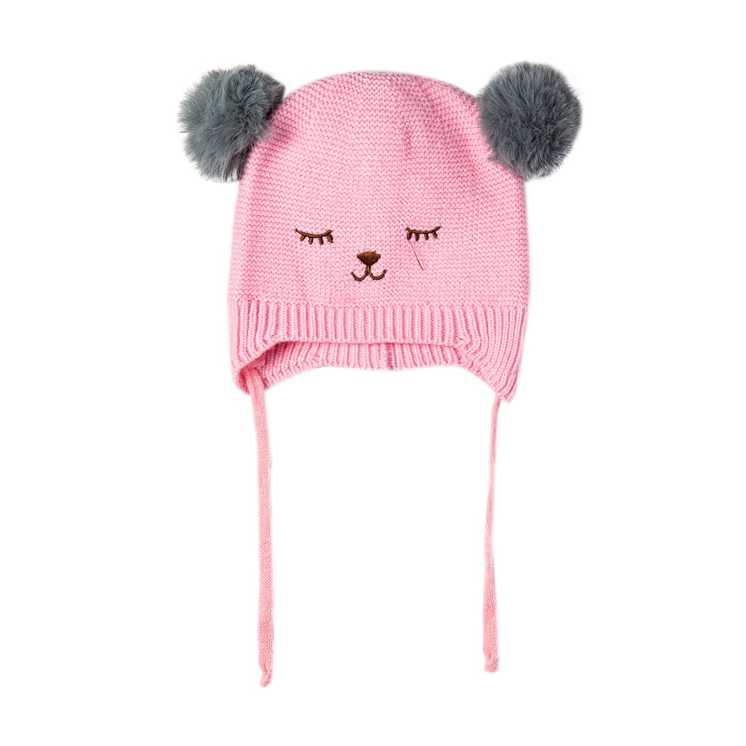 Knit Woollen Cap With Tie Knot For Ear Cover Sleeping Pom Pom Pink - Baby Moo