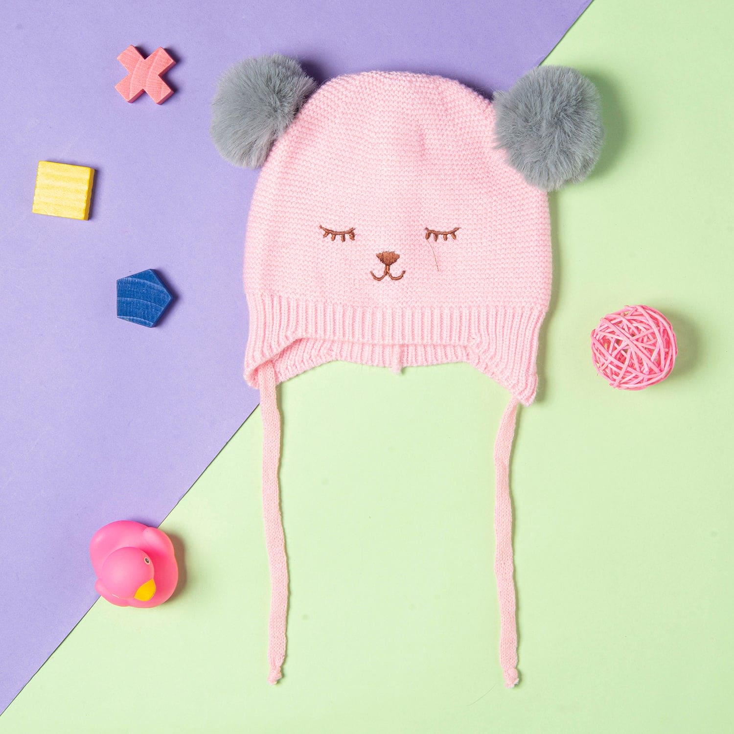 Knit Woollen Cap With Tie Knot For Ear Cover Sleeping Pom Pom Pink - Baby Moo