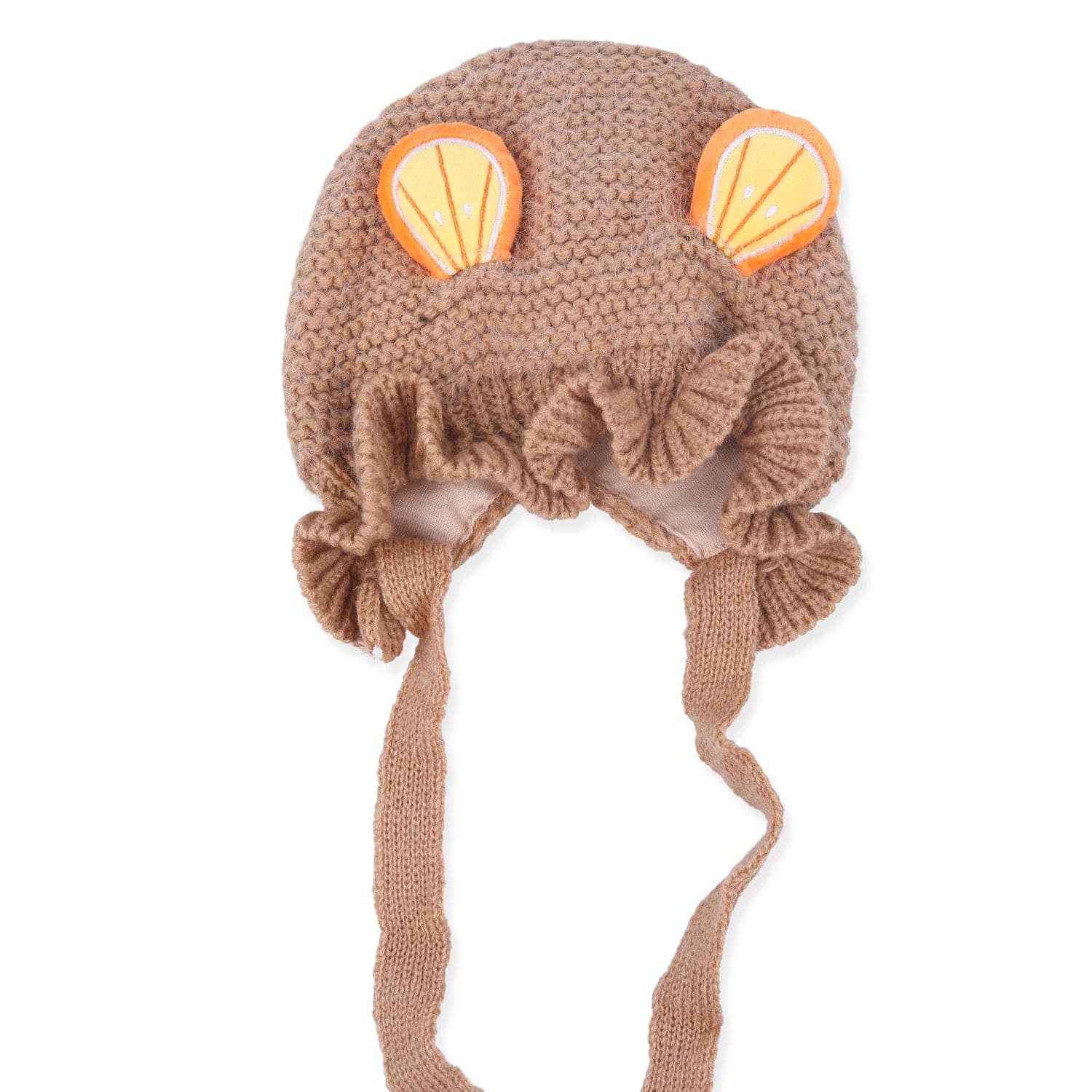 Baby Moo 3D Orange Ear With Tie Knot For Ear Cover Knitted Woolen Cap - Brown - Baby Moo