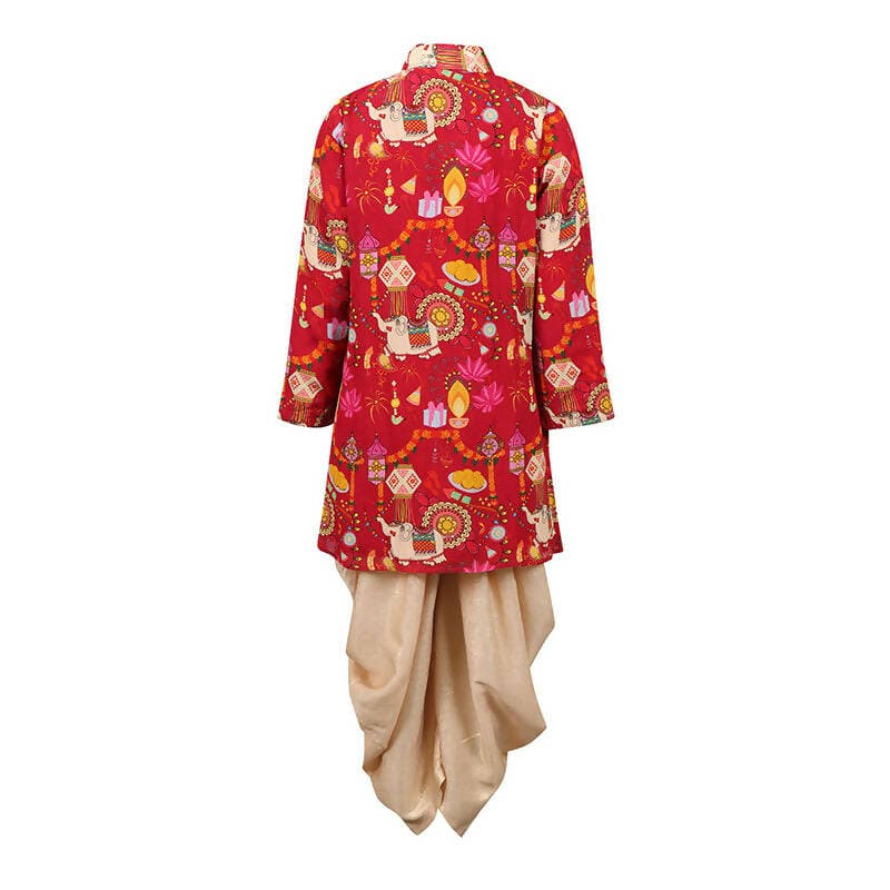 Rang Festive Printed Cotton Kurta And Dhoti Set - Red