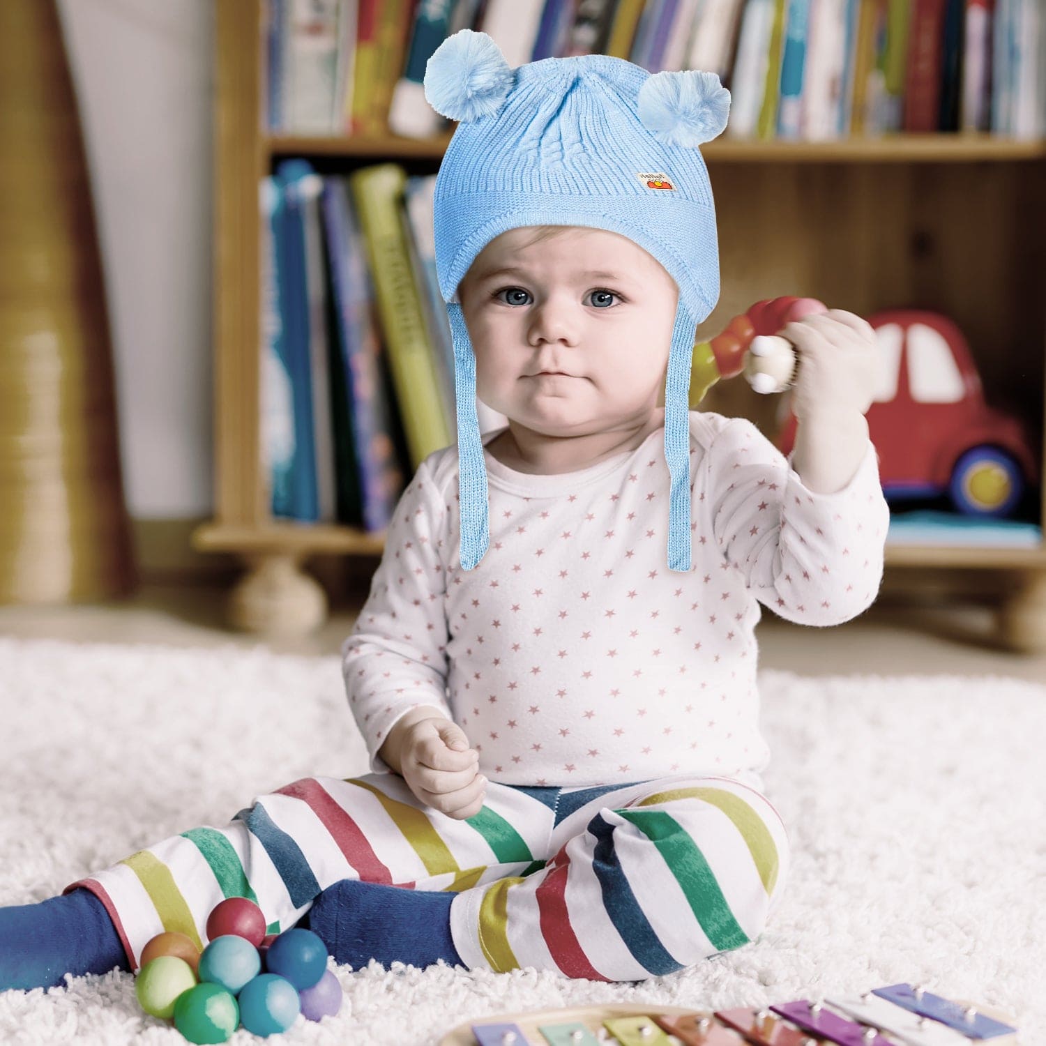Knit Woollen Cap With Tie Knot For Ear Protection Solid Blue - Baby Moo