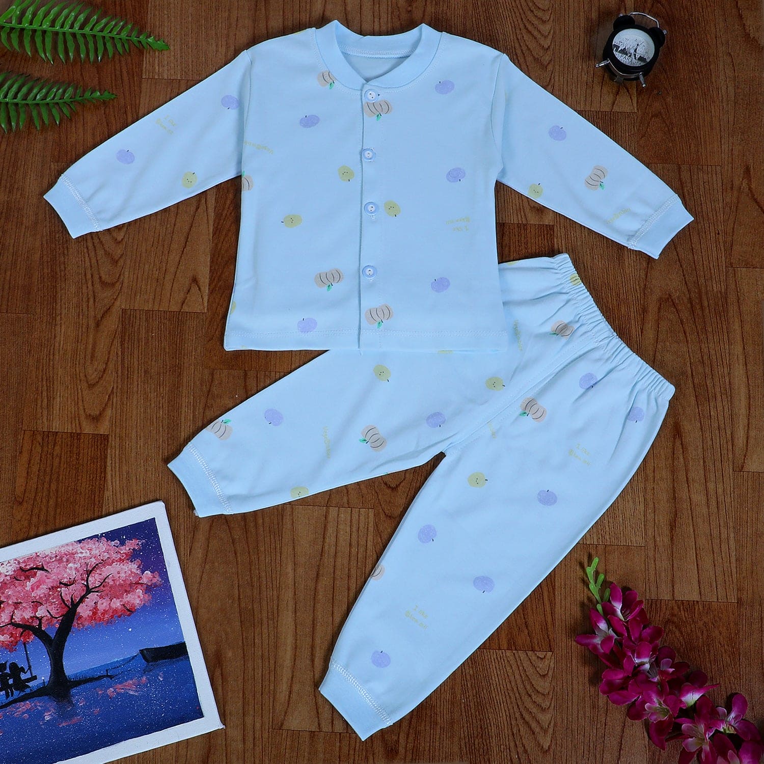 Fruitilicious Full Sleeves 2 Piece Buttoned Pyjama Set Night Suit Blue