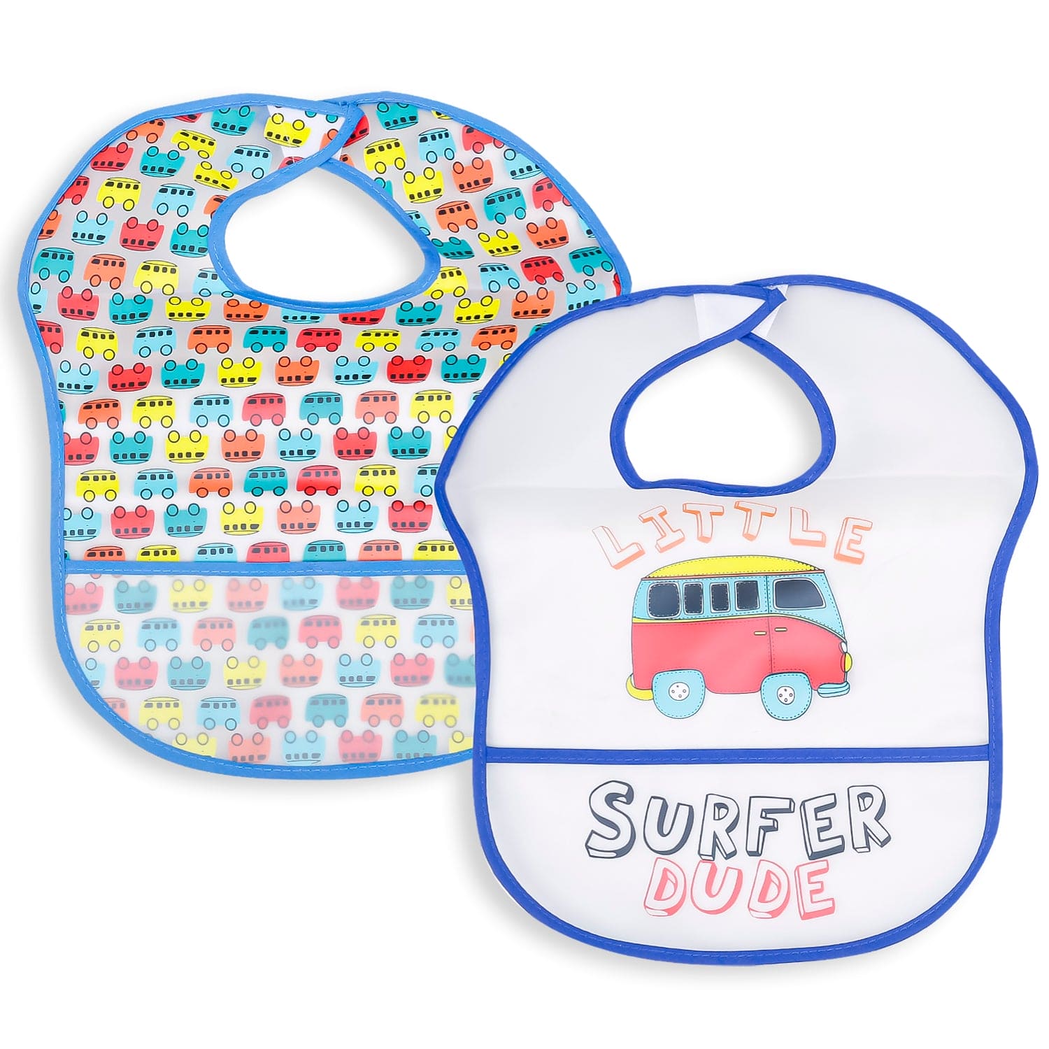 Feeding Bibs Pack Of 2 Crumb Catcher Waterproof Surfer Dude Blue - Baby Moo