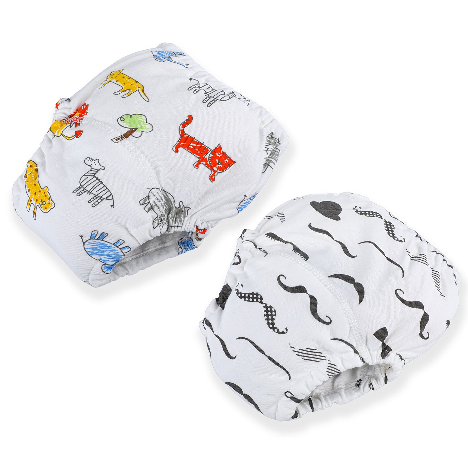 Moustache And Animals Reusable Cloth Training Pants Clothing Accessory Diaper Panty 2 Pcs - Multicolour - Baby Moo