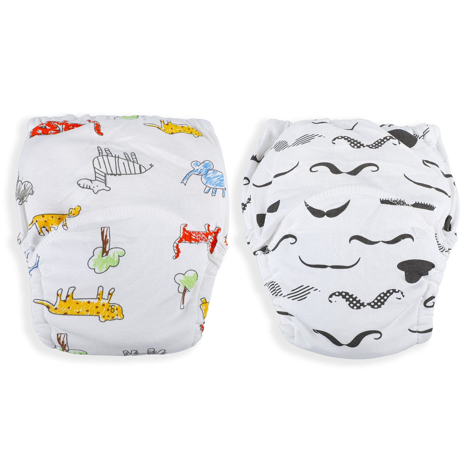 Moustache And Animals Reusable Cloth Training Pants Clothing Accessory Diaper Panty 2 Pcs - Multicolour - Baby Moo