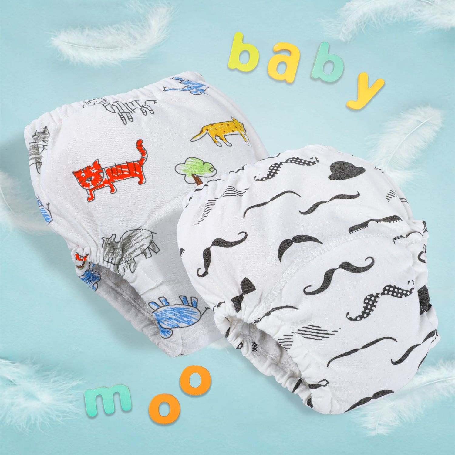 Moustache And Animals Reusable Cloth Training Pants Clothing Accessory Diaper Panty 2 Pcs - Multicolour - Baby Moo