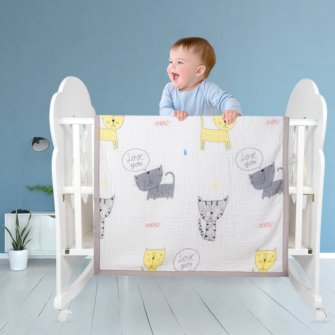 Meow Cat Medium Muslin Blanket - White - Baby Moo