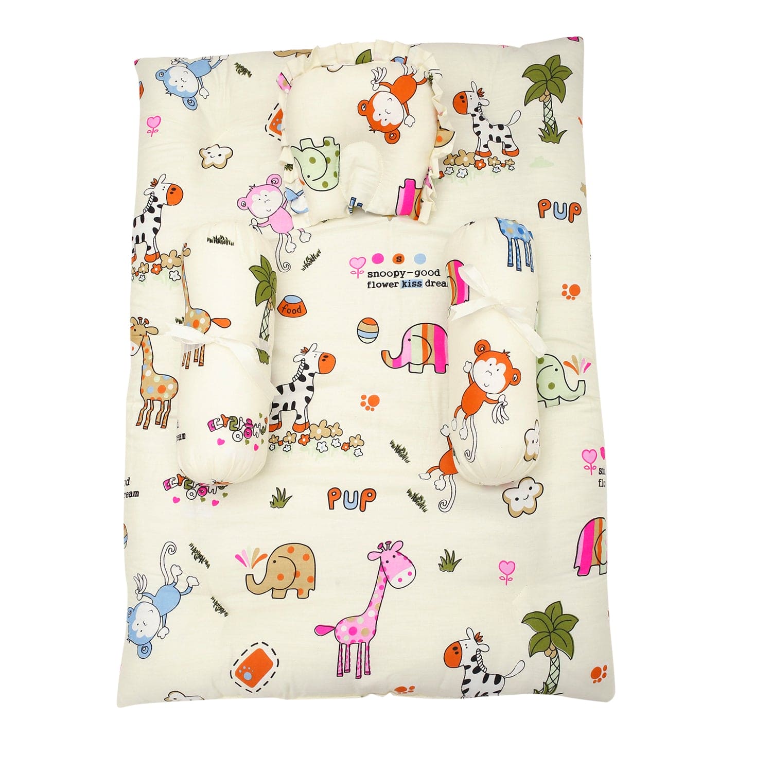 Mattress Set With Neck Pillow and Bolsters I Love Animals Cream - Baby Moo
