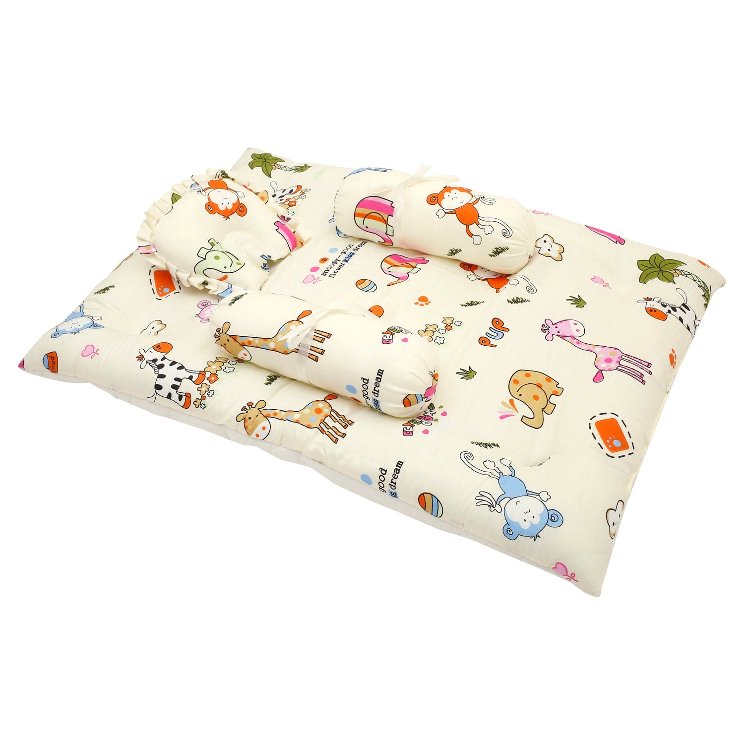 Mattress Set With Neck Pillow and Bolsters I Love Animals Cream - Baby Moo