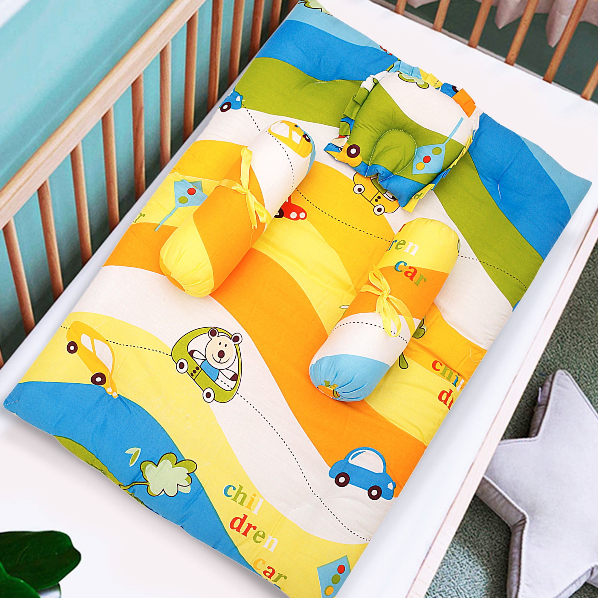 Mattress Set With Neck Pillow and Bolsters Cruising In My Car Multicolour - Baby Moo