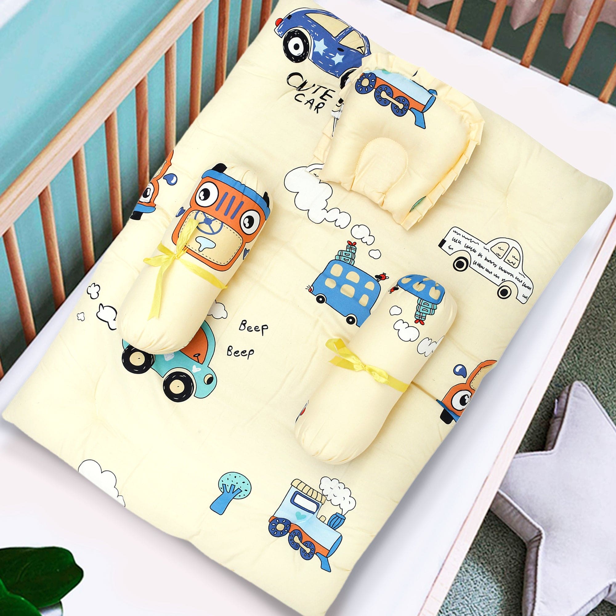 Mattress Set With Neck Pillow and Bolsters Vintage Ride Yellow - Baby Moo