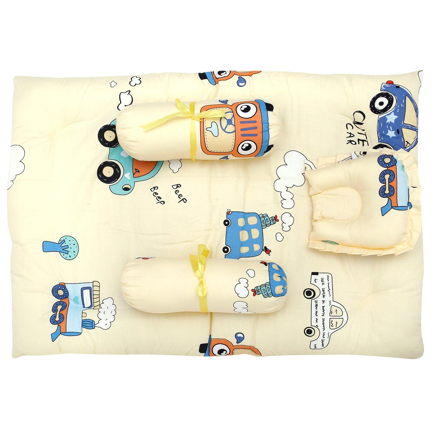 Mattress Set With Neck Pillow and Bolsters Vintage Ride Yellow - Baby Moo