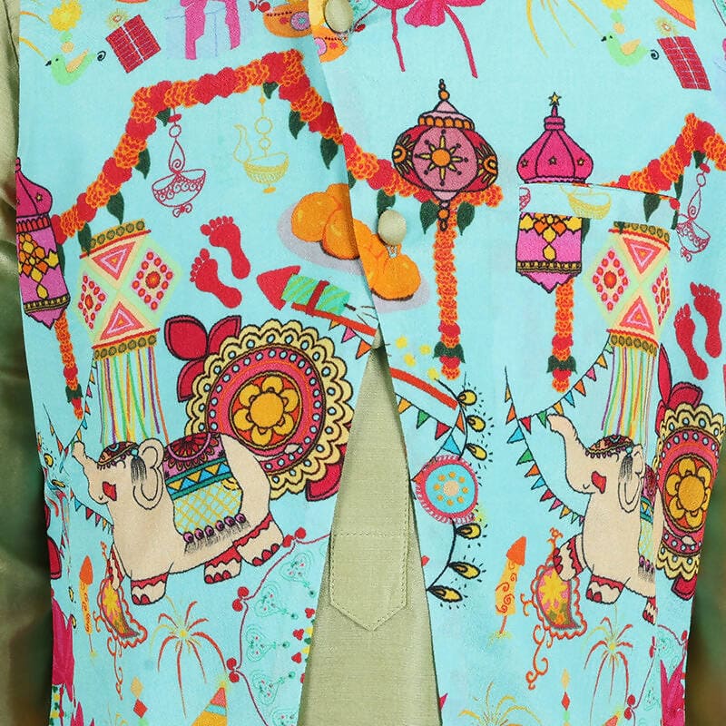 Rang Floral Bandi and Kurta Pyjama Set - Blue